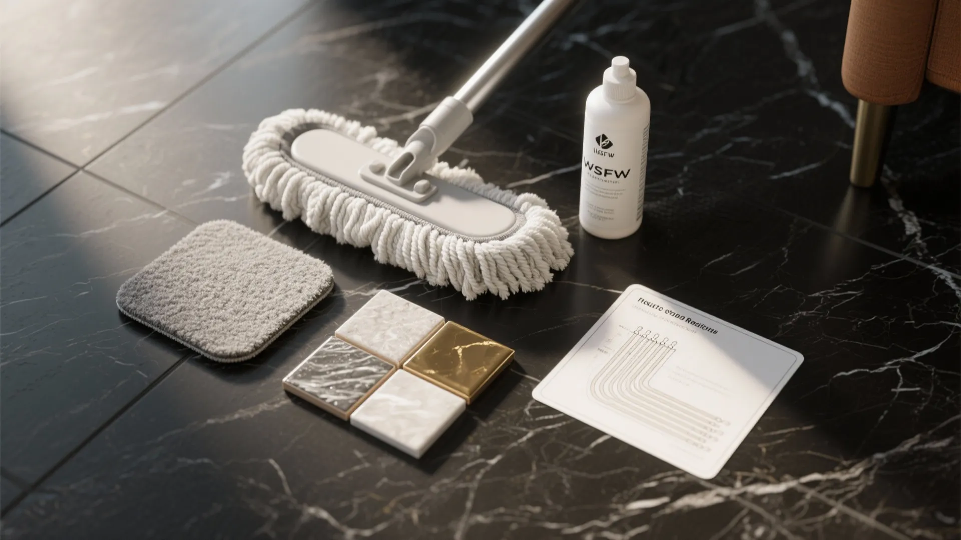 Cleaning tools with mop cleaning liquid bottle and tile samples placed on black marble floor surface