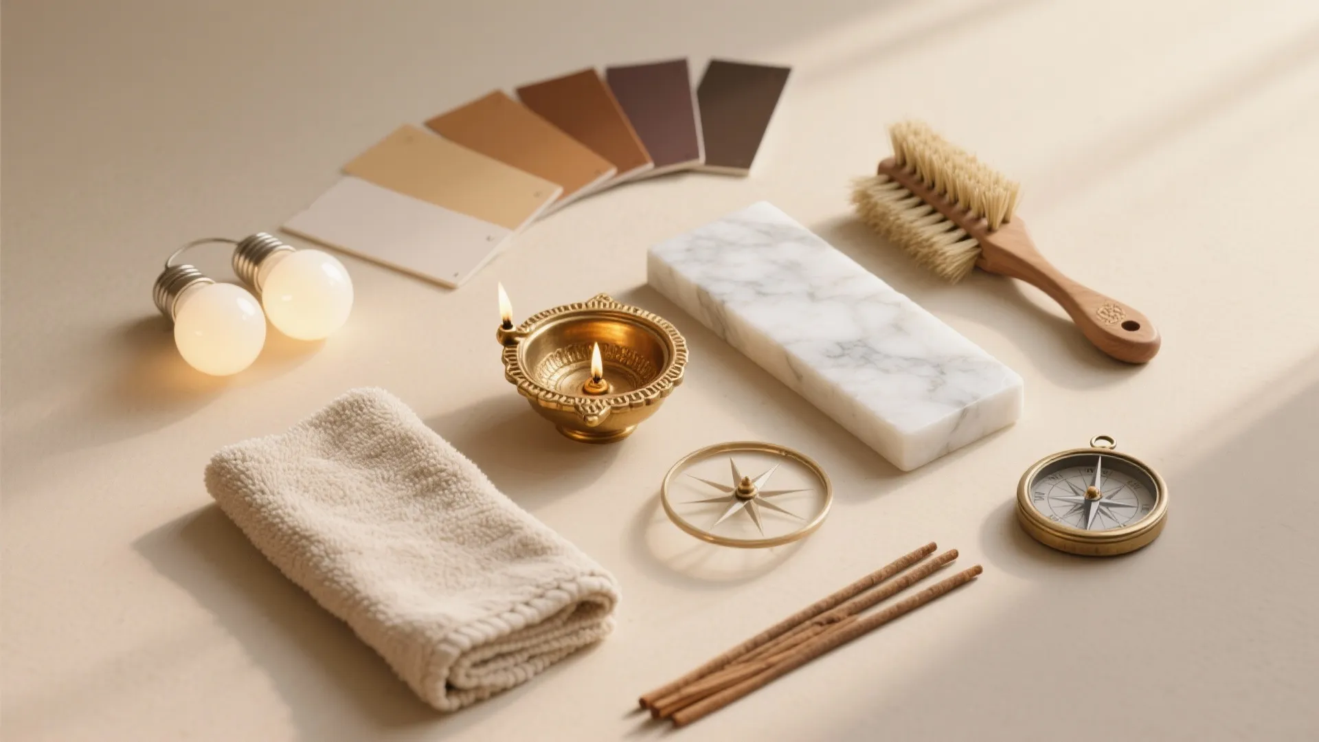 Interior design materials flat lay with color swatches marble block light bulbs and a compass