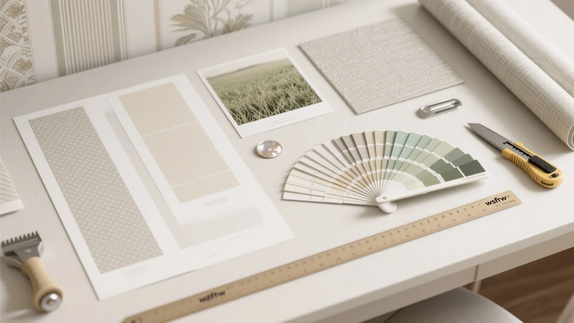 Interior design tools on desk including color palette wood ruler paper samples and utility knife tool