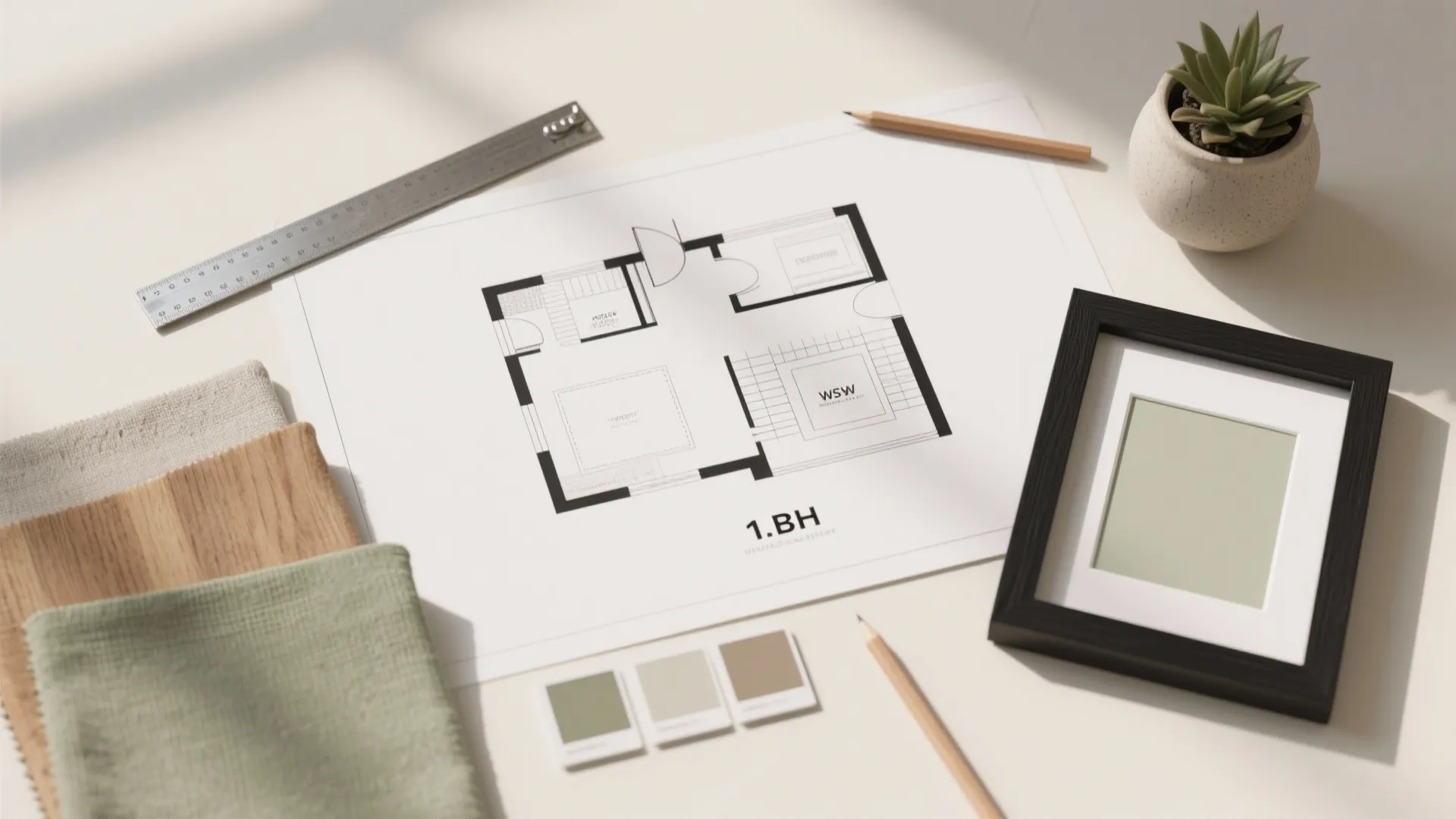 Floor plan paper on a desk with color samples wood pieces pencils and a frame