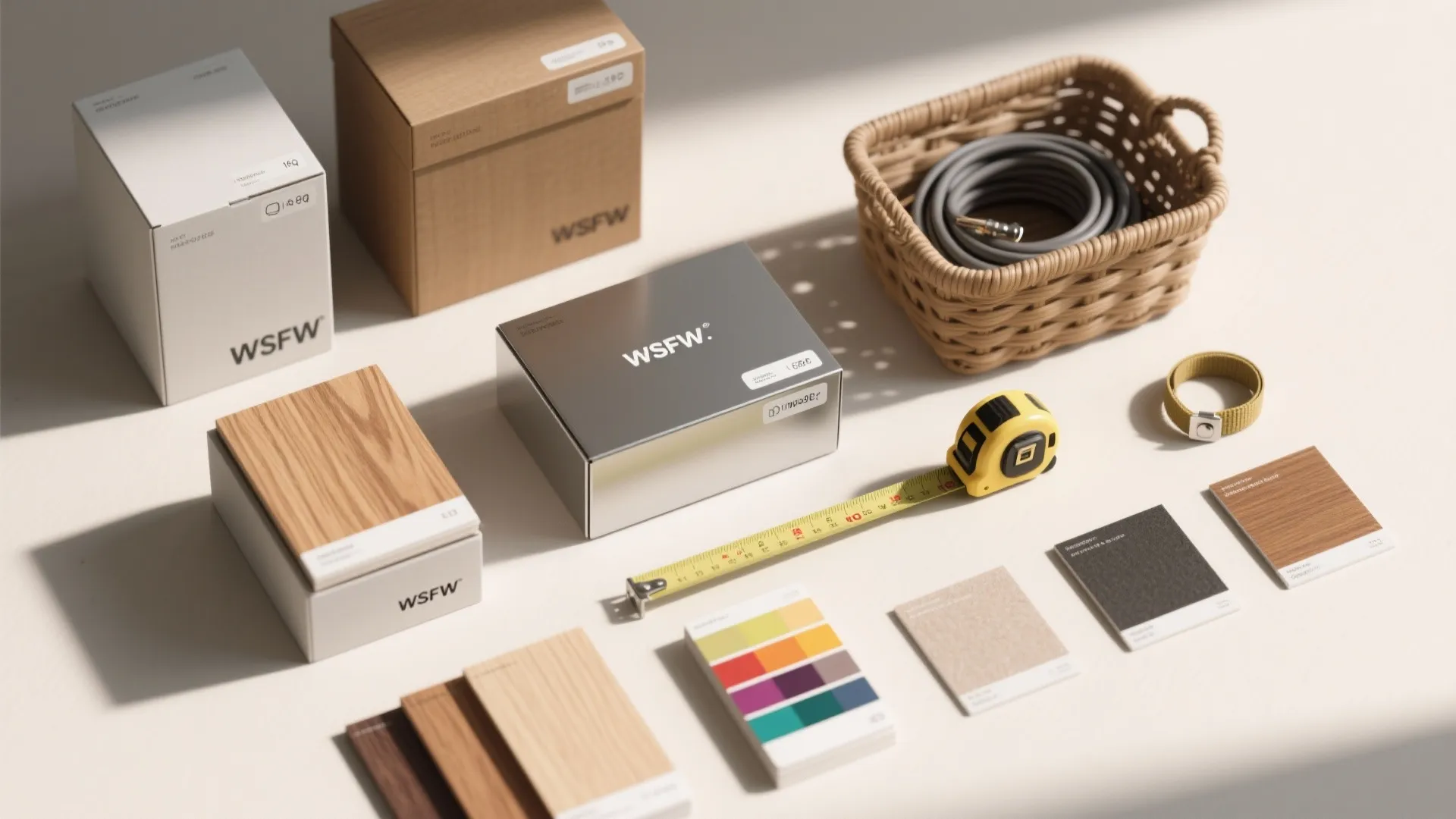 Flat lay of interior design tools including tape measure wood samples color palettes and small boxes
