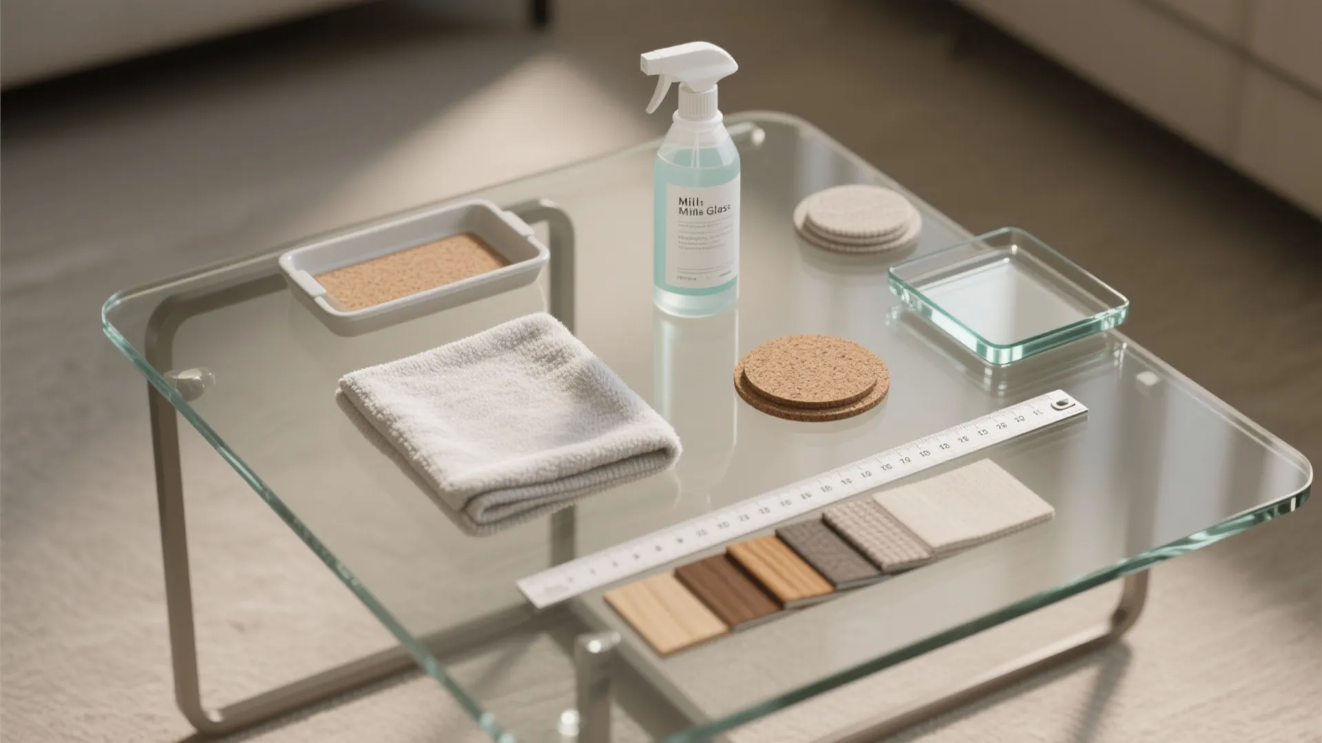 Flatlay of glass-table care items including microfiber cloth, coasters, and material swatches.