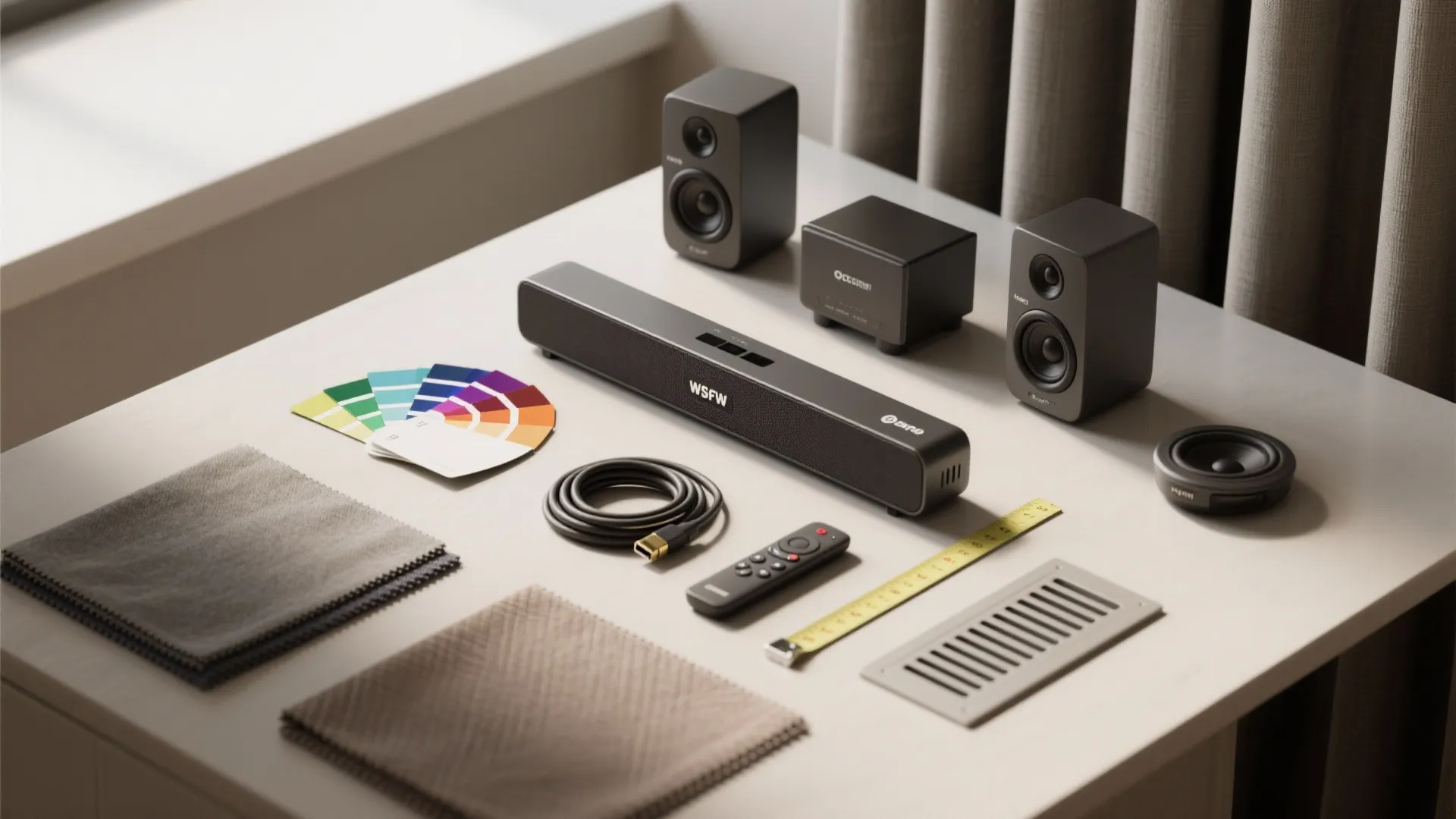 Table with black speakers sound bar remote color swatches fabric samples measuring tape and room vent