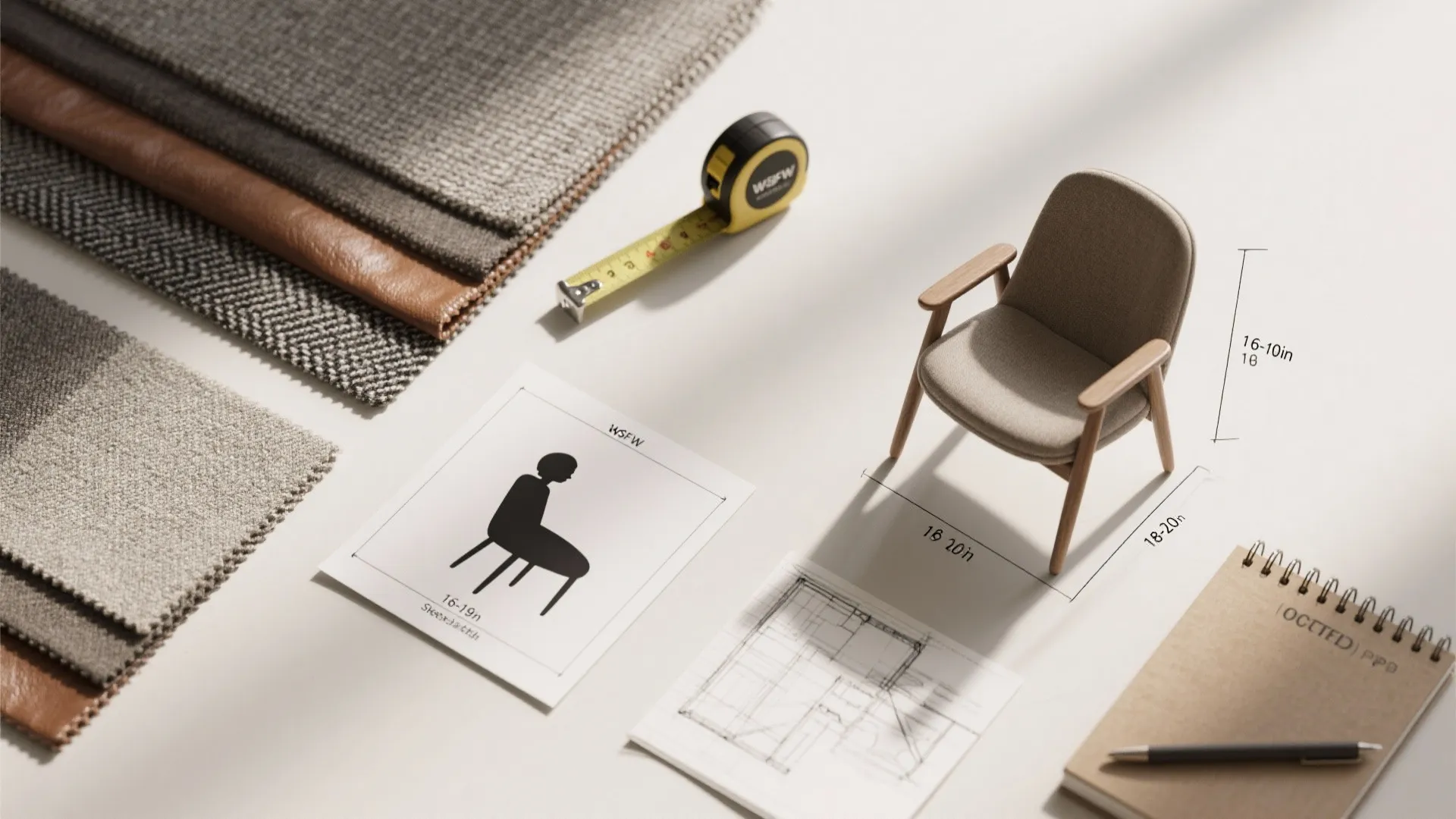 Interior design layout featuring fabric swatches, yellow measuring tape, small chair model, sketch, and notebook