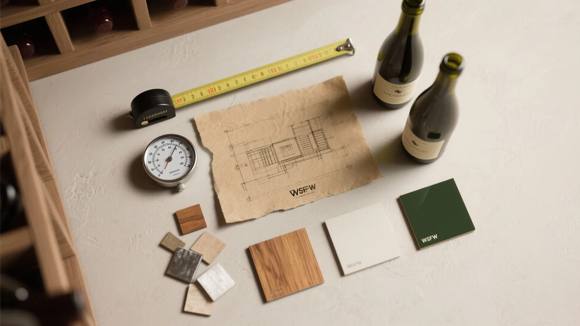 Interior design planning flatlay with floor plan drawing measuring tape material samples and two wine bottles
