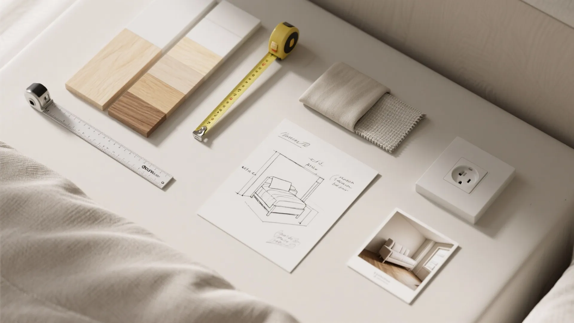 Top-down flatlay of bedside design tools, wood swatches, measuring tape and a small room sketch.