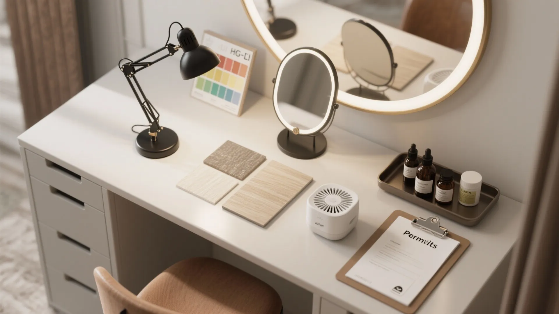 Modern white desk with black lamp wood samples small mirror skincare bottles and a clipboard
