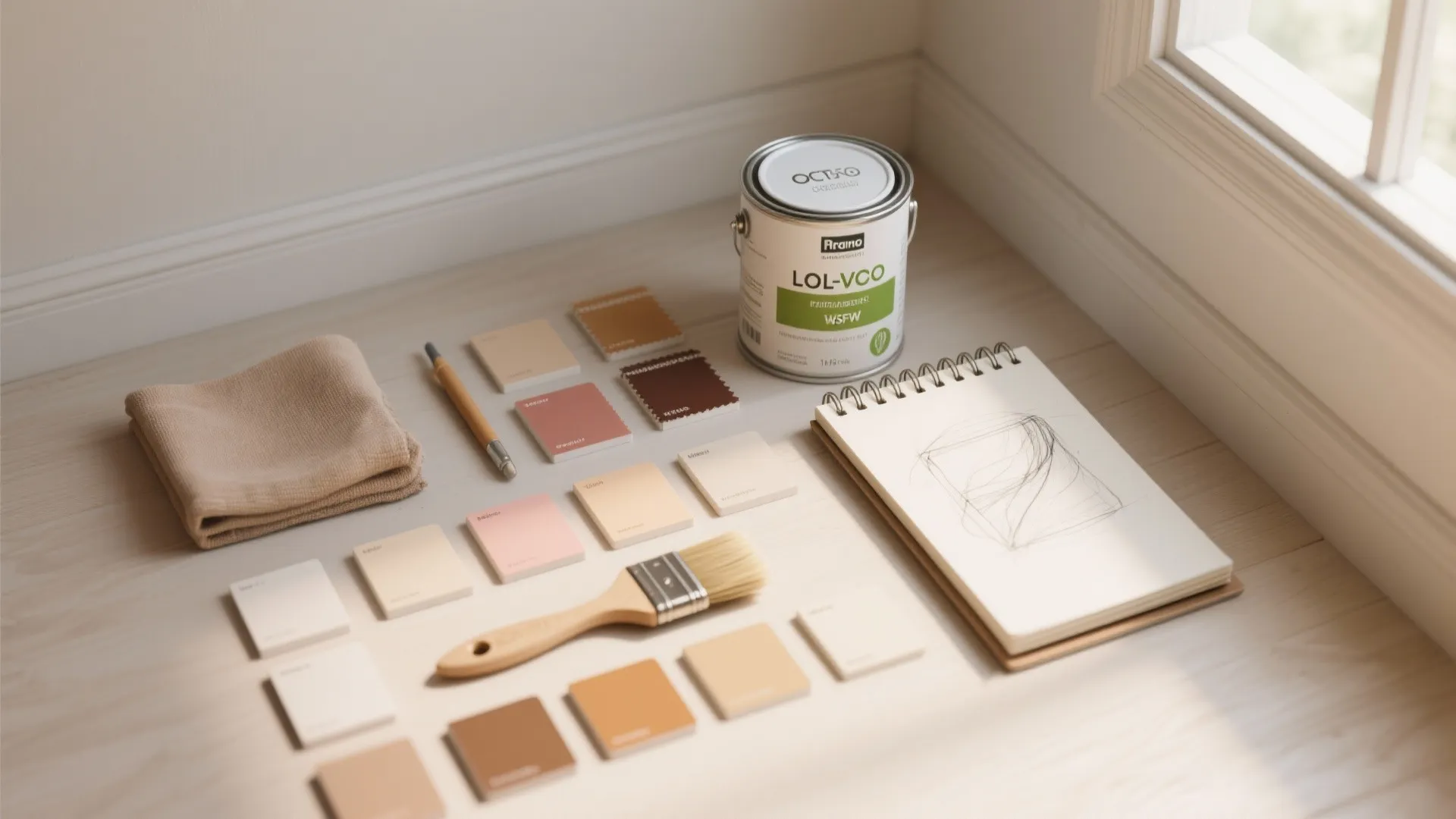 Interior design materials including paint can, color samples, brush, pen, and sketchpad on wood floor