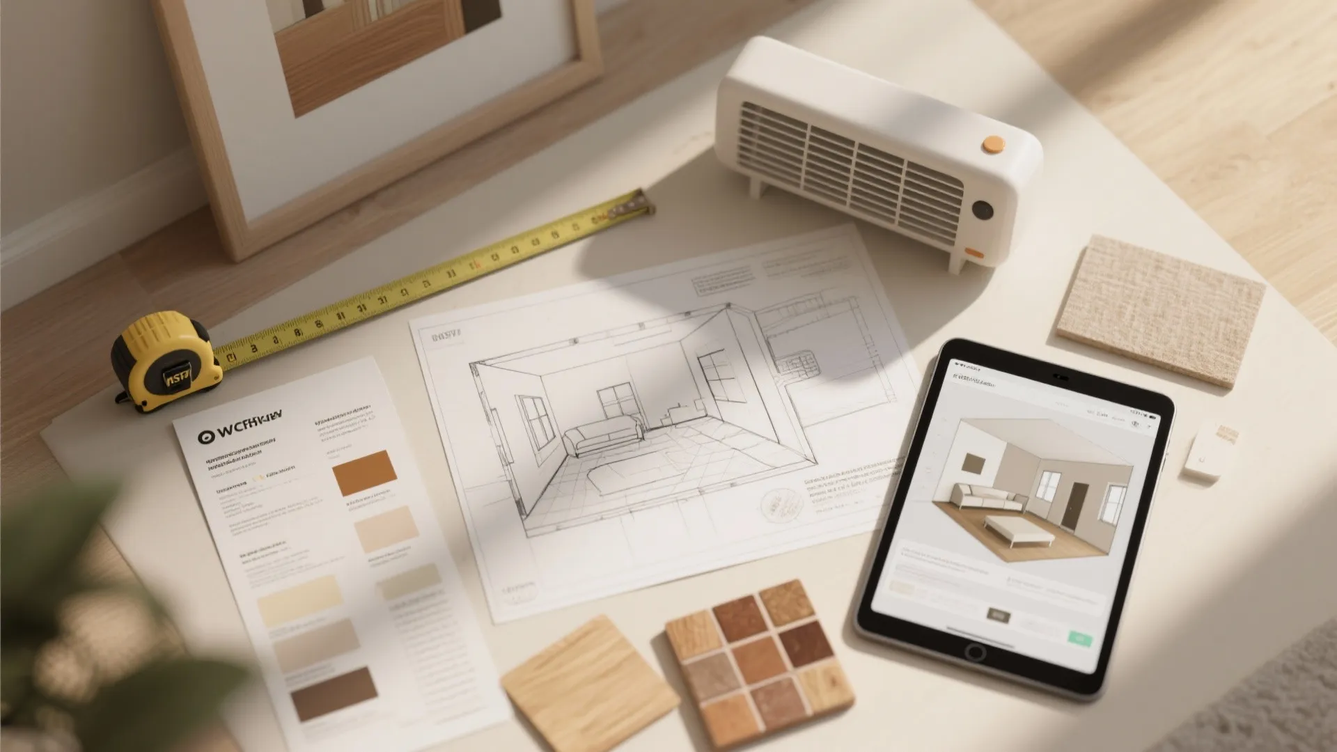 Interior design drawing with a tablet showing 3D room model and tools on a desk