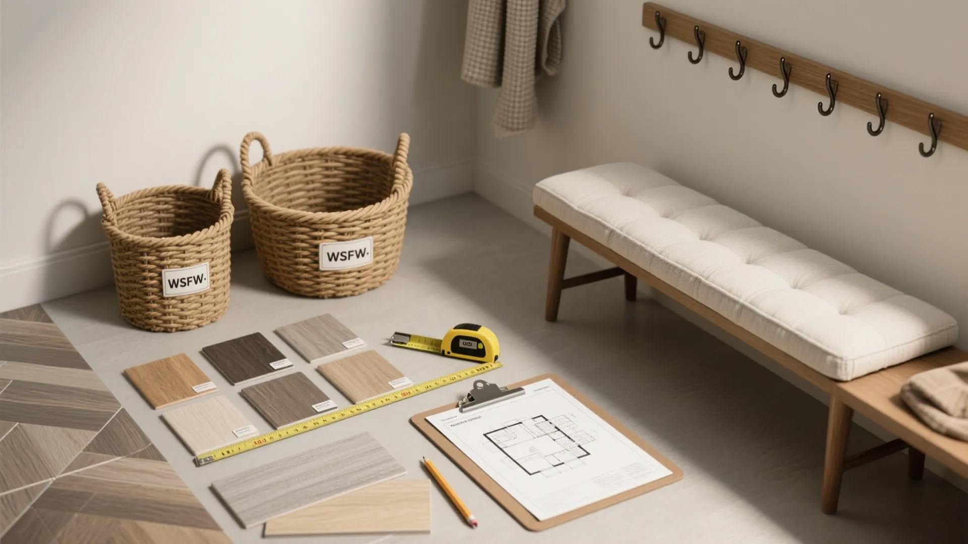 Interior design materials floor plan tape measure and woven baskets on light grey floor tiles