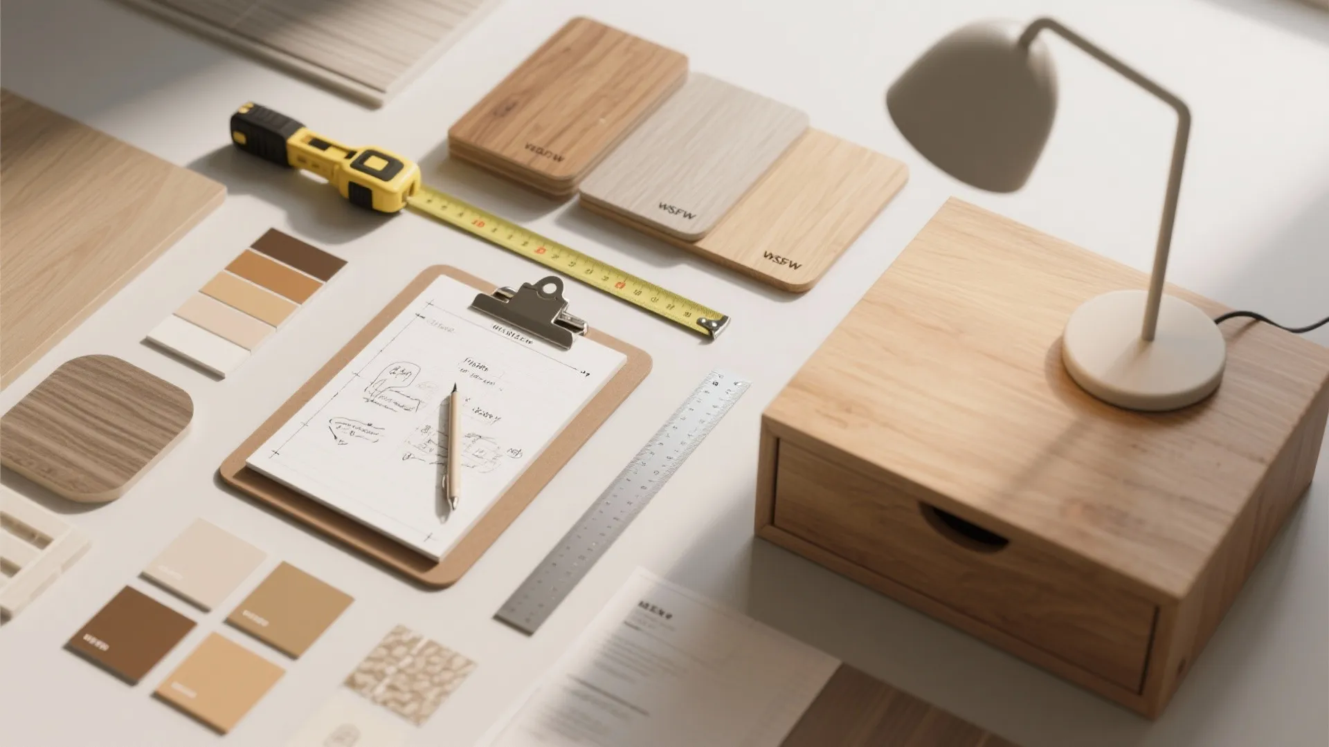 Work table with wood samples measuring tape clipboard ruler desk lamp and small wooden storage box