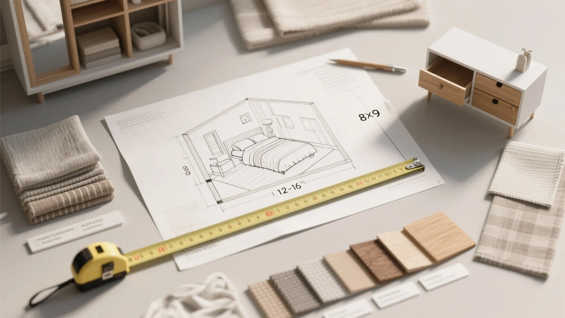 Top-down flatlay of a small-bedroom sketch, tape measure showing recommended depths, material and fabric swatches for planning dressers.