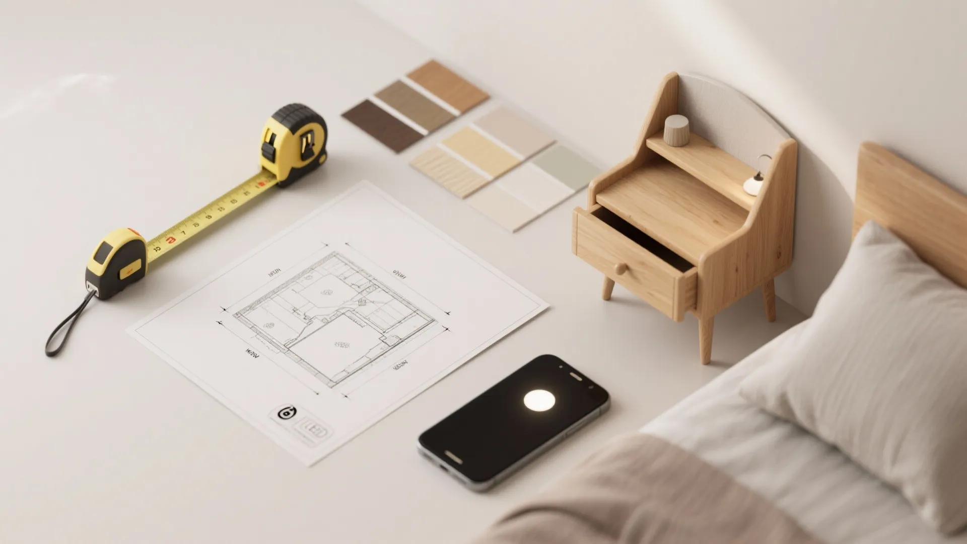 Top-down flatlay of measurement tools, material swatches, and a simple bedside layout for small nightstand planning.