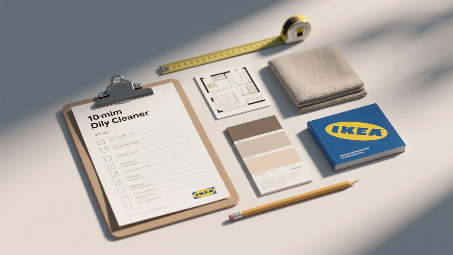 Interior design tools including clipboard, floor plan, measuring tape, pencil, and paint swatches on table