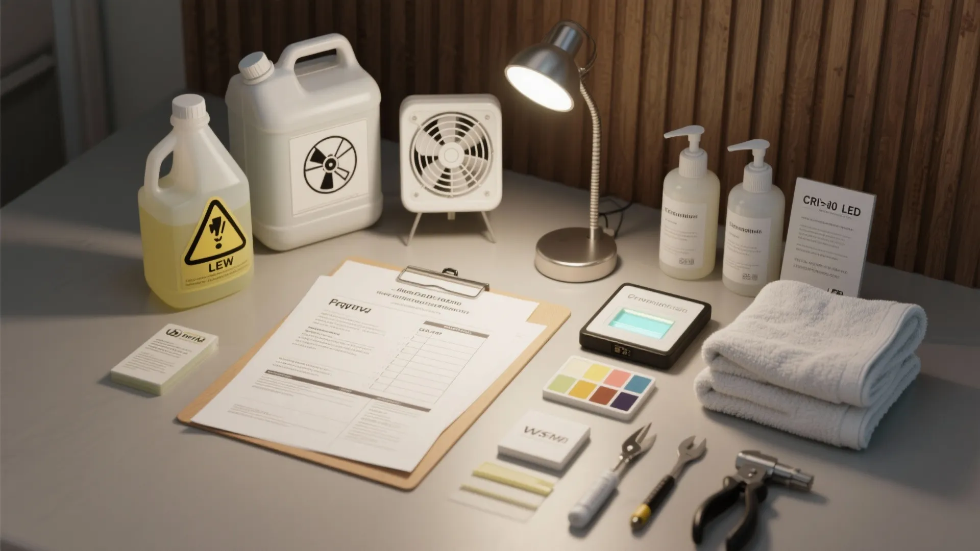 Top-down flatlay of salon essentials, safety items, LED swatches and permit documents for FAQ guidance.