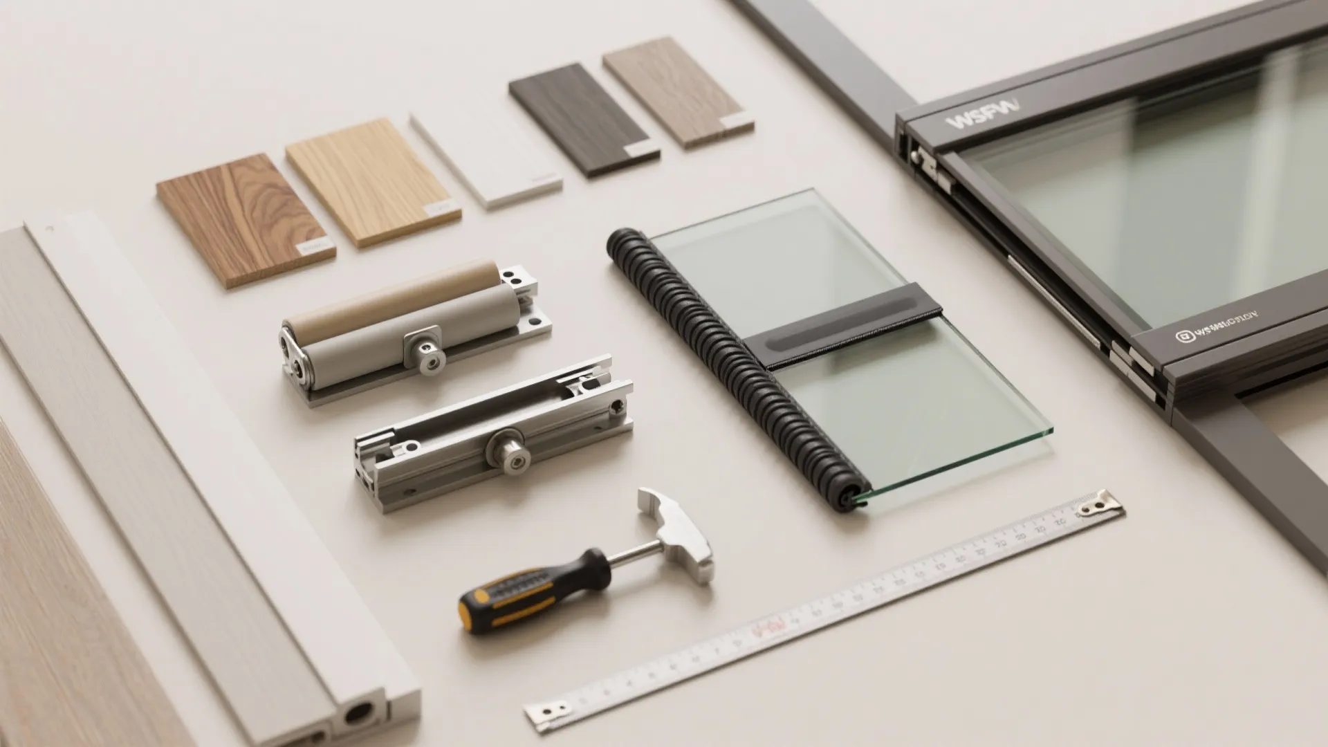Flatlay of folding door material samples and hardware including tracks, rollers, glazing sample, and swatches.