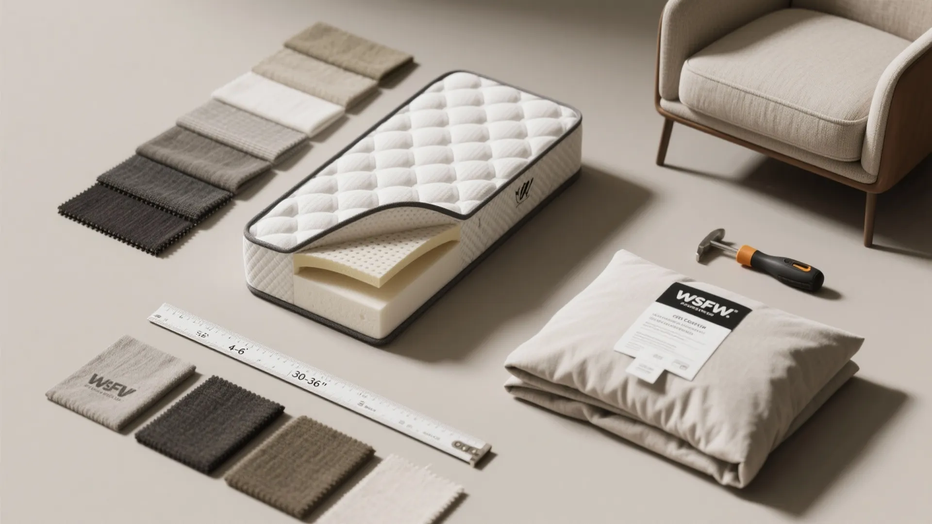 Overhead view of sofa fabric samples mattress foam layers ruler and small tools on floor