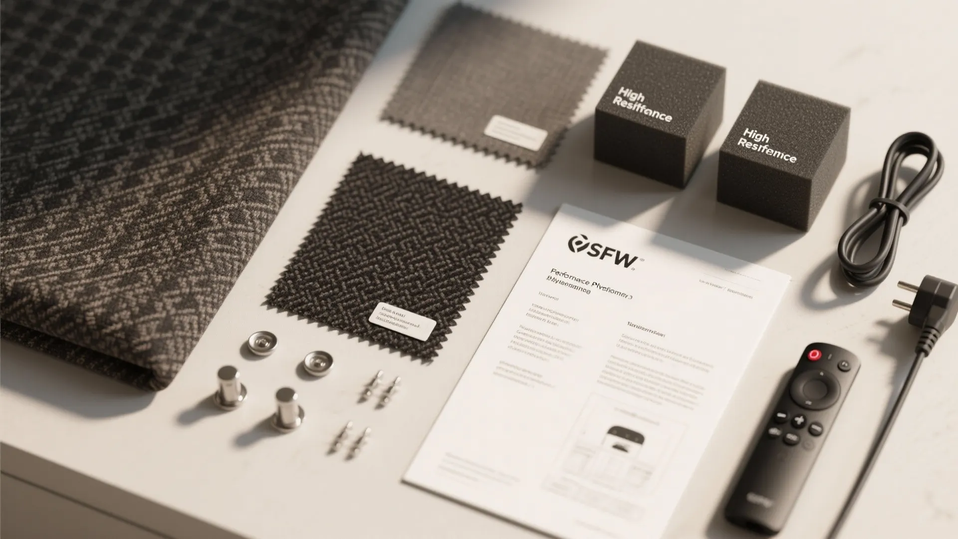 Flatlay of furniture accessories including fabric samples instruction manual metal hardware remote control and boxes