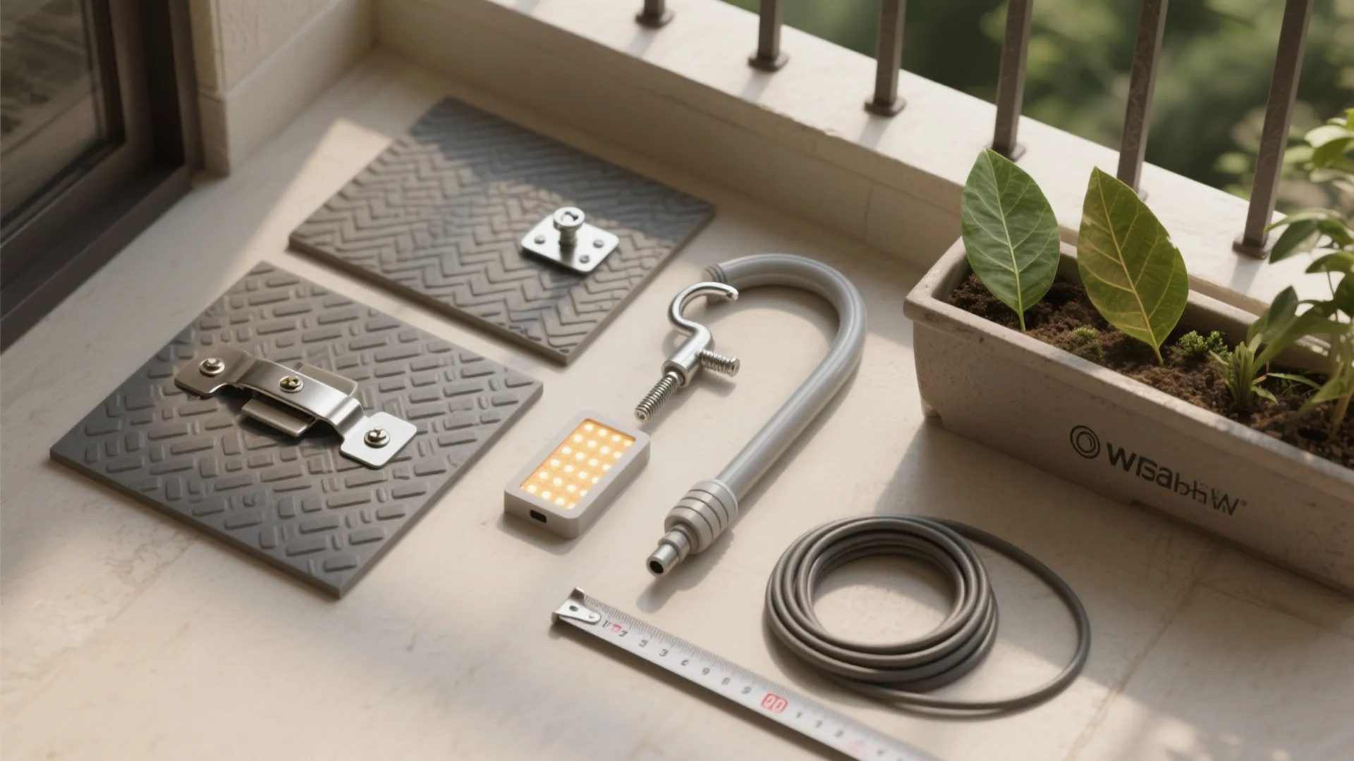 Various home repair tools including a measuring tape light fixture and plant pot on a balcony