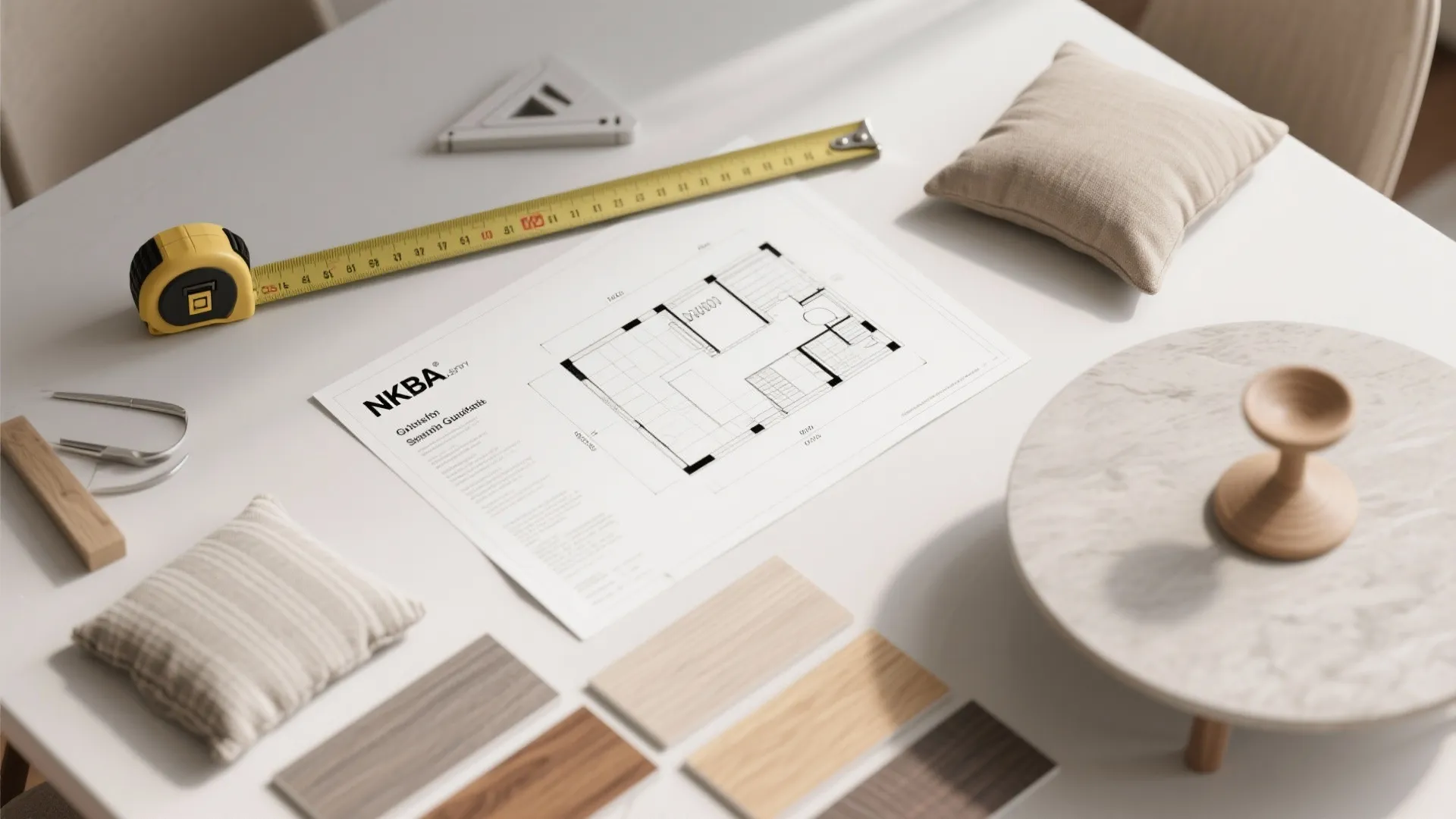 Floor plan on white table with measuring tape wood samples small pillows and design tools items