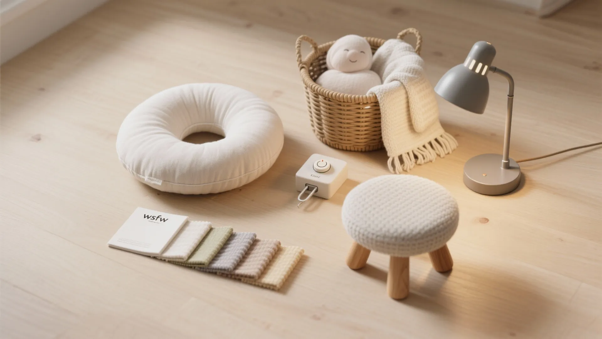 Flat lay of nursery items including a small footrest grey table lamp and fabric samples