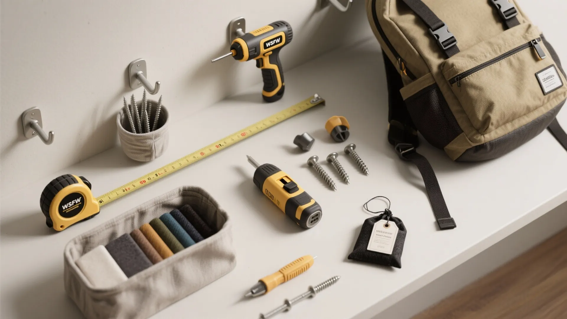 Table with hand tools measuring tape electric drill screws and brown backpack for home repair project