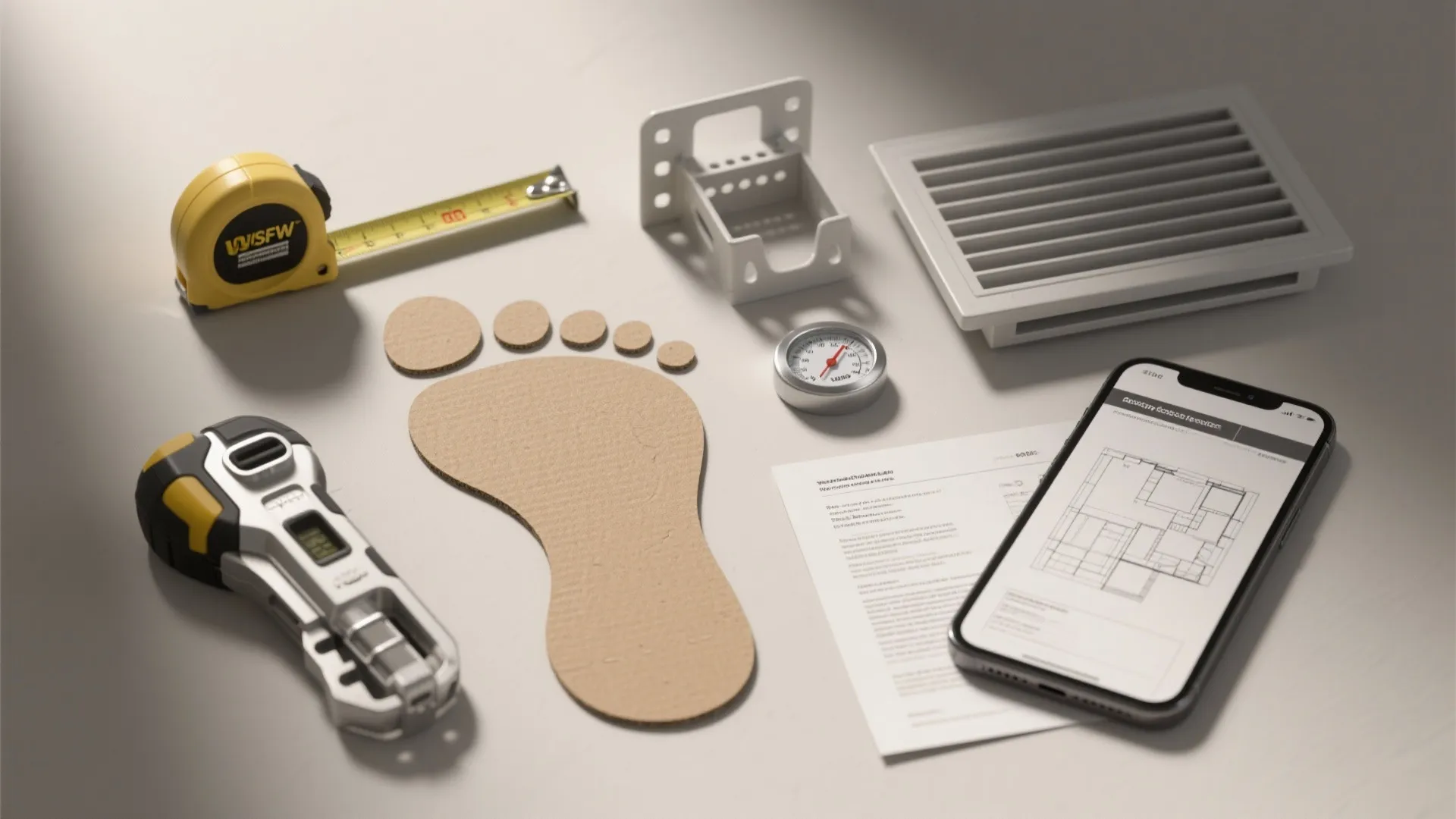 Construction tools including tape measure and phone with floor plan beside a cardboard foot cutout