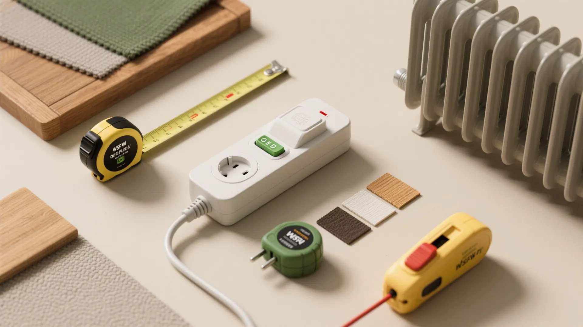 Flat lay of power strip measuring tape small tools and heater on a cream colored surface