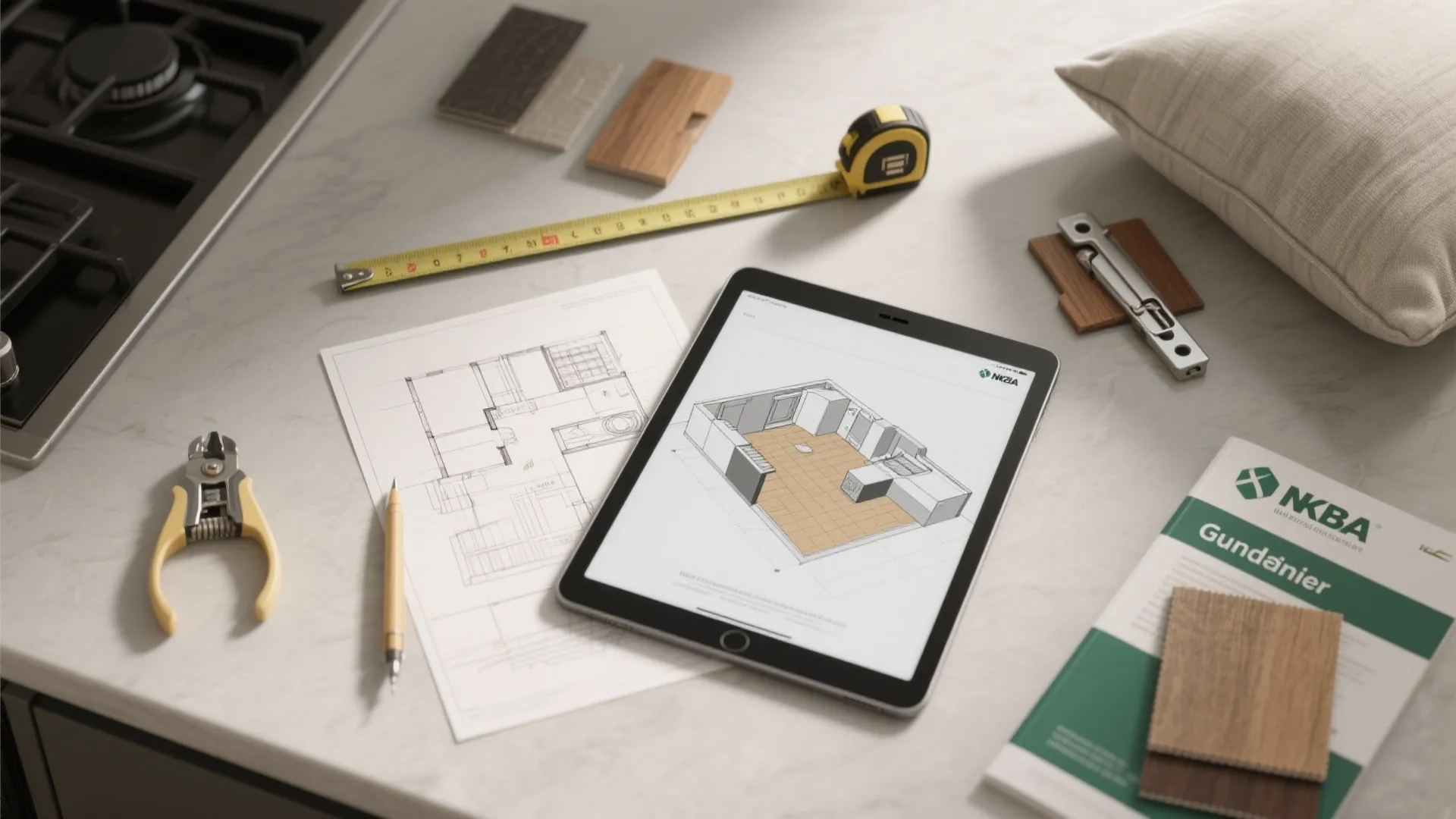 Interior design tools including a tablet, floor plan drawings, tape measure, and wood material samples