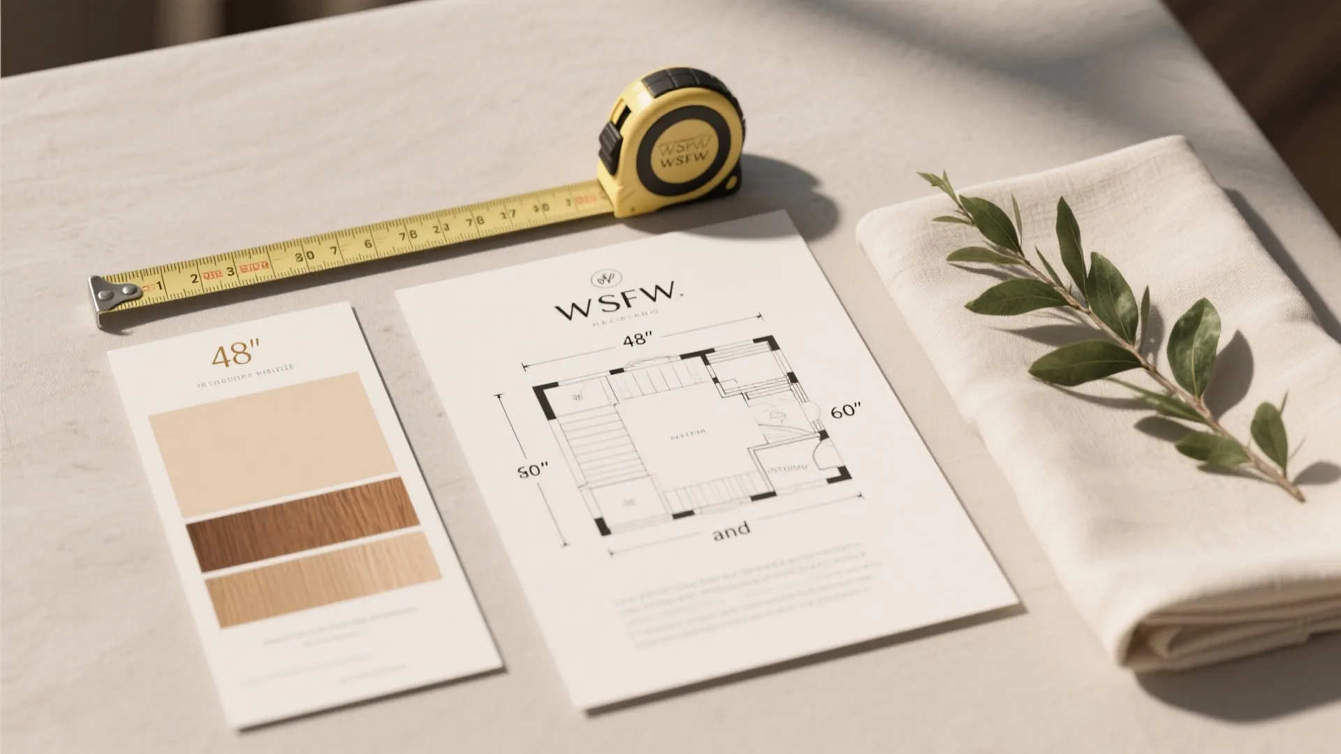 Flatlay of table size reference cards, measuring tape, floorplan sketch and fabric swatches for small wedding planning.