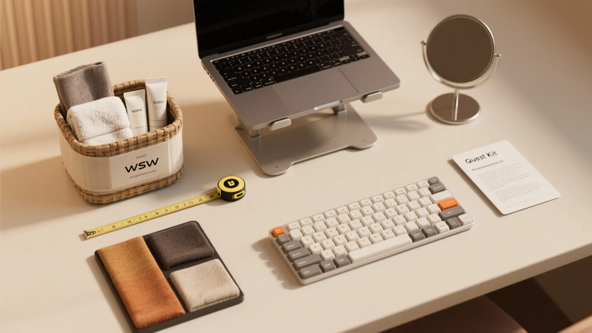 Desk flatlay with laptop stand keyboard guest kit basket of towels and a measuring tape