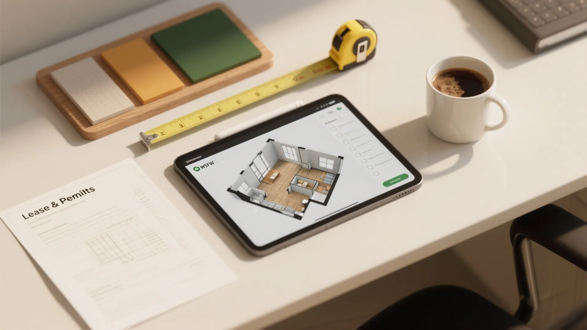 Top-down flatlay showing floor plan, 3D visualization on a tablet, swatches and checklist for small office rental planning.
