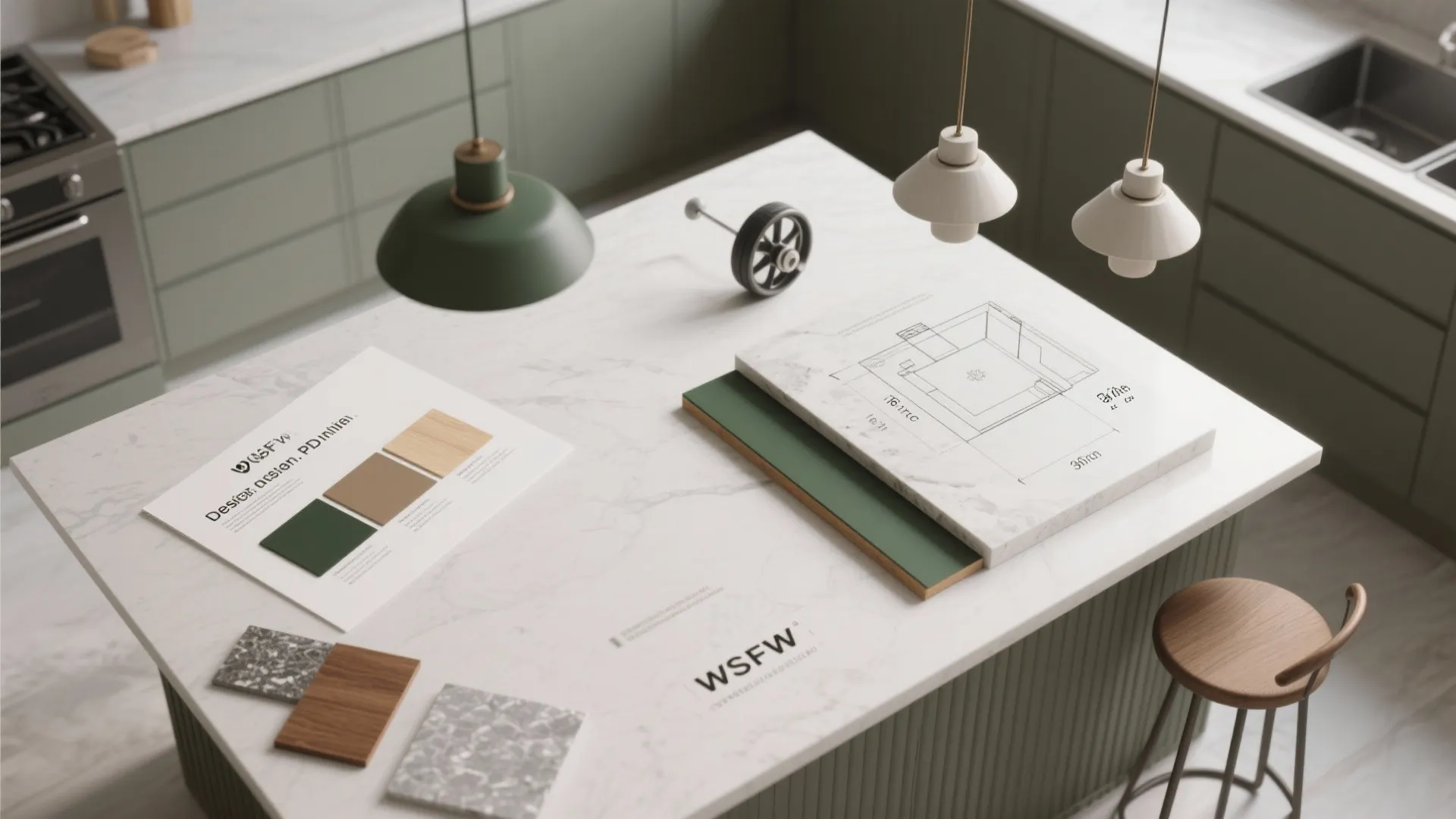 Overhead flatlay showing material samples, color swatches and clearance diagram for small kitchen islands.