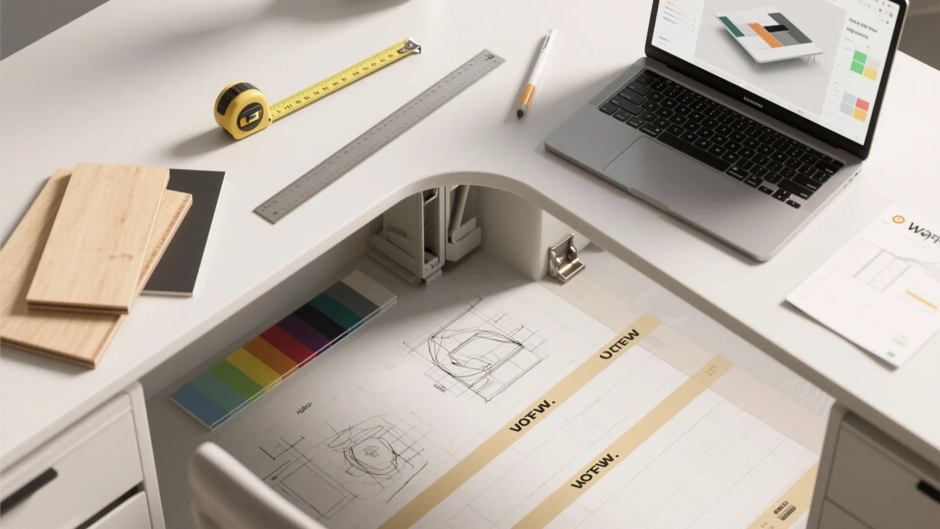 Top-down flatlay of corner desk planning tools: tape measure, swatches, plywood sample, hinge sample and a 3D planner on laptop.