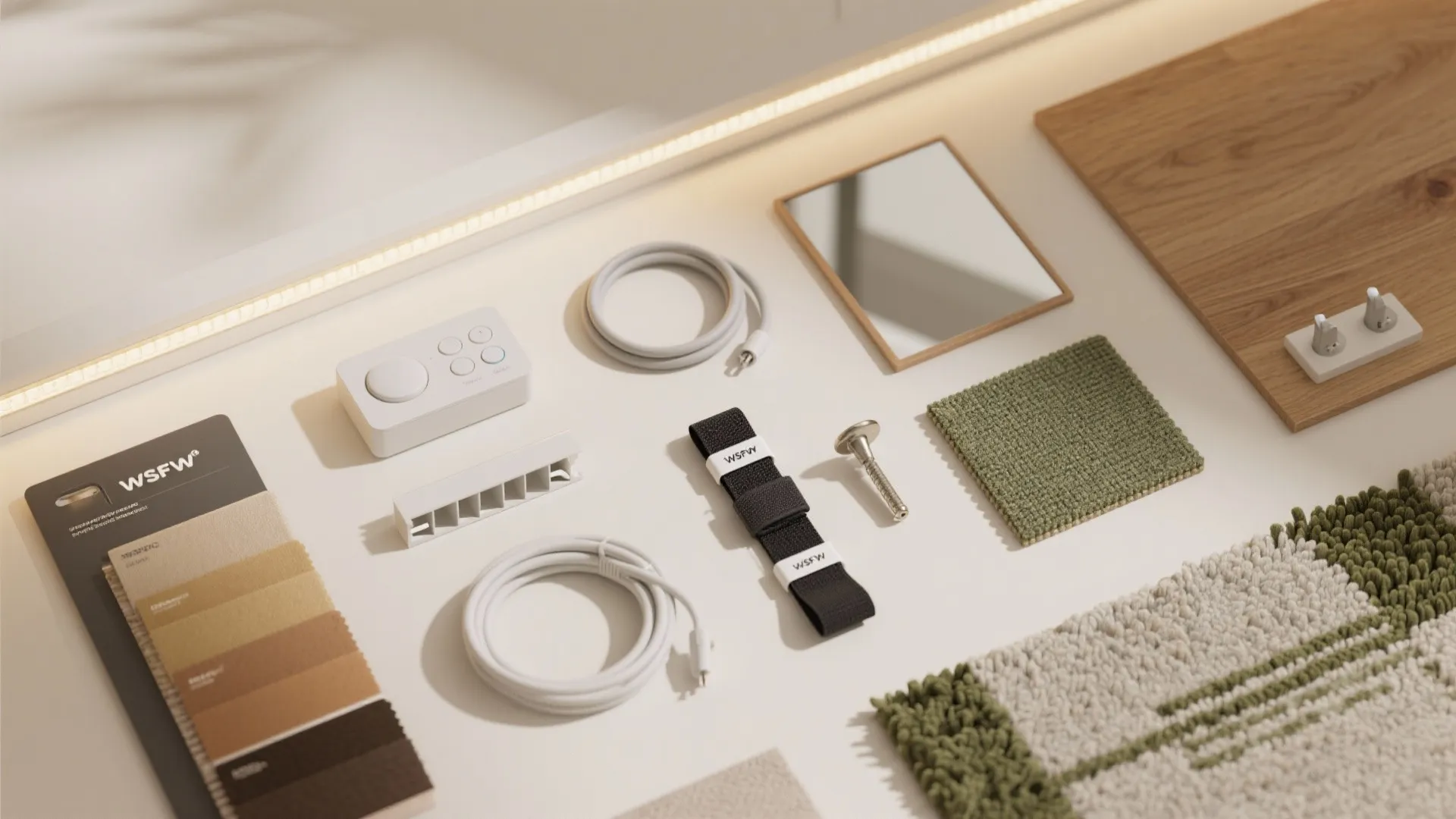 Interior design material samples including fabric wood mirror and cables arranged on a flat white surface