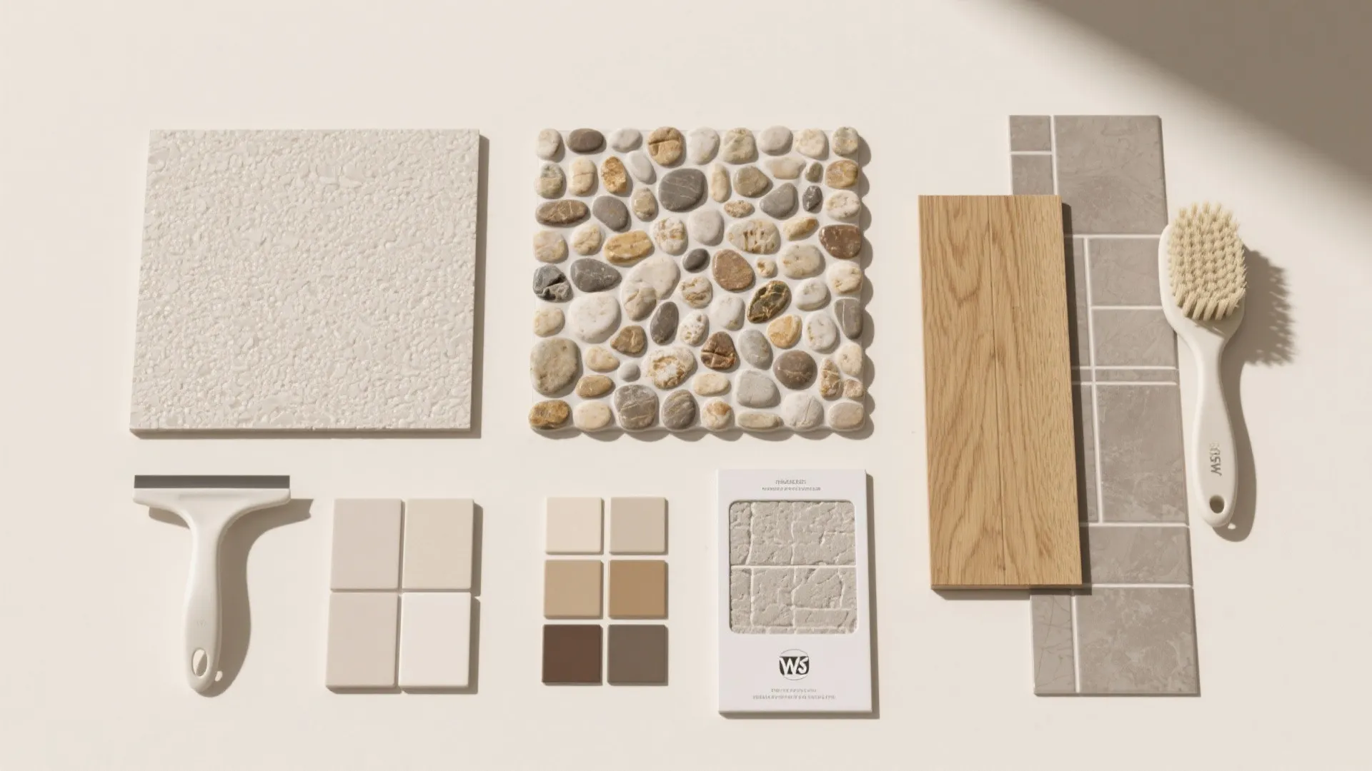 Collection of home interior materials including stone tiles, wood boards, pebble mosaic, and color swatches