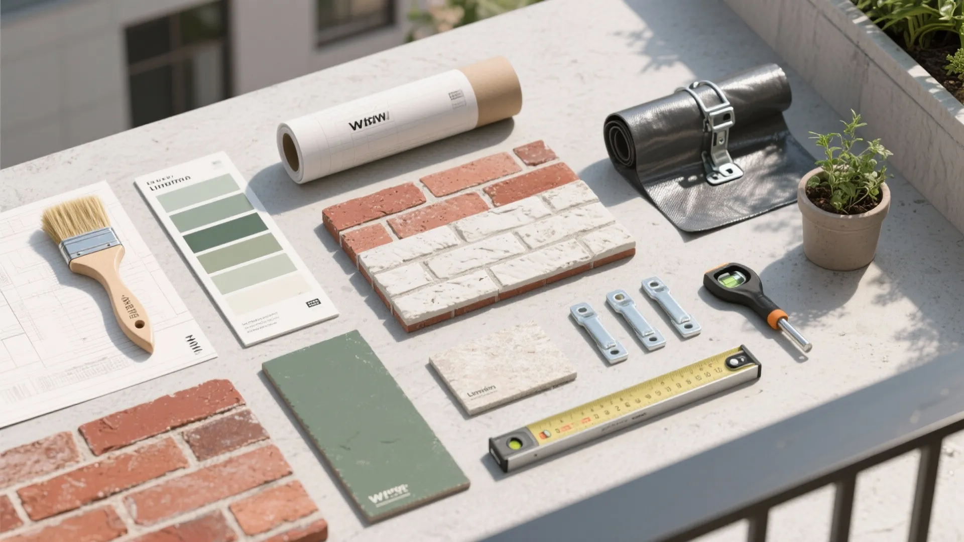 Home renovation materials including paint brush color palette brick samples tape measure and small green
