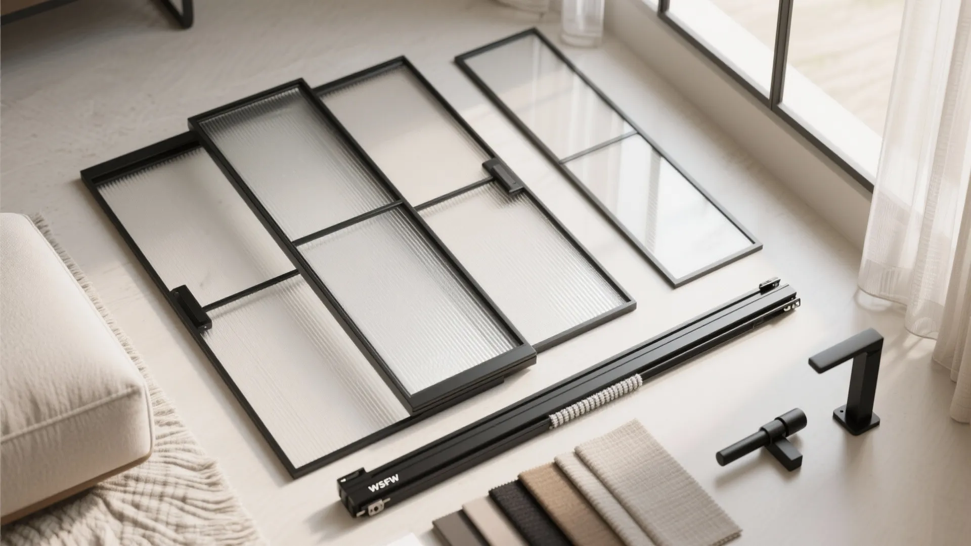 Interior design materials including glass panels black metal frames fabric samples and a black door handle