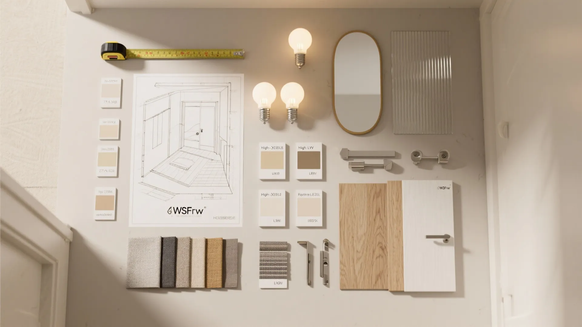 Flat lay of small hall design essentials: LED bulbs, paint swatches, mirror, wood veneer, and fabric samples.