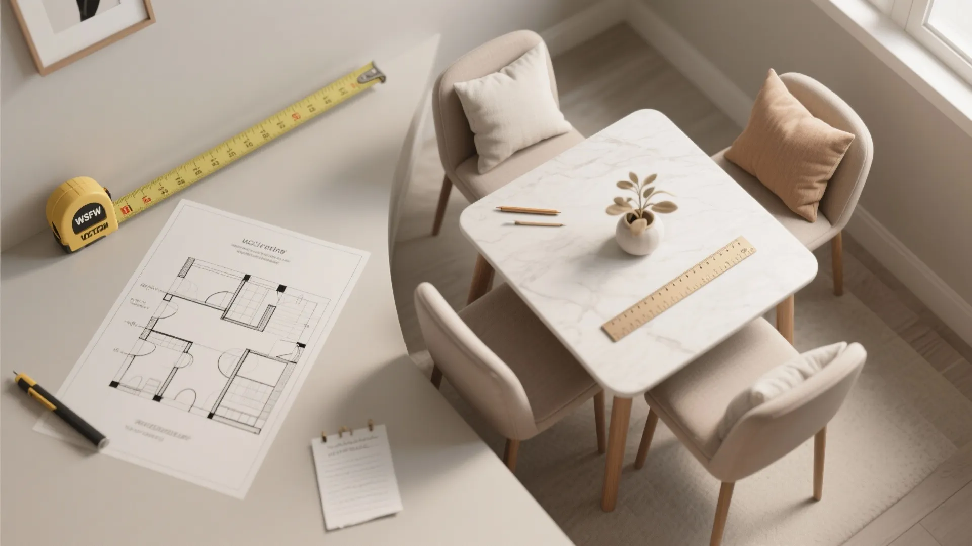 Floor plan drawing with yellow measuring tape ruler pencils and a small white marble dining table