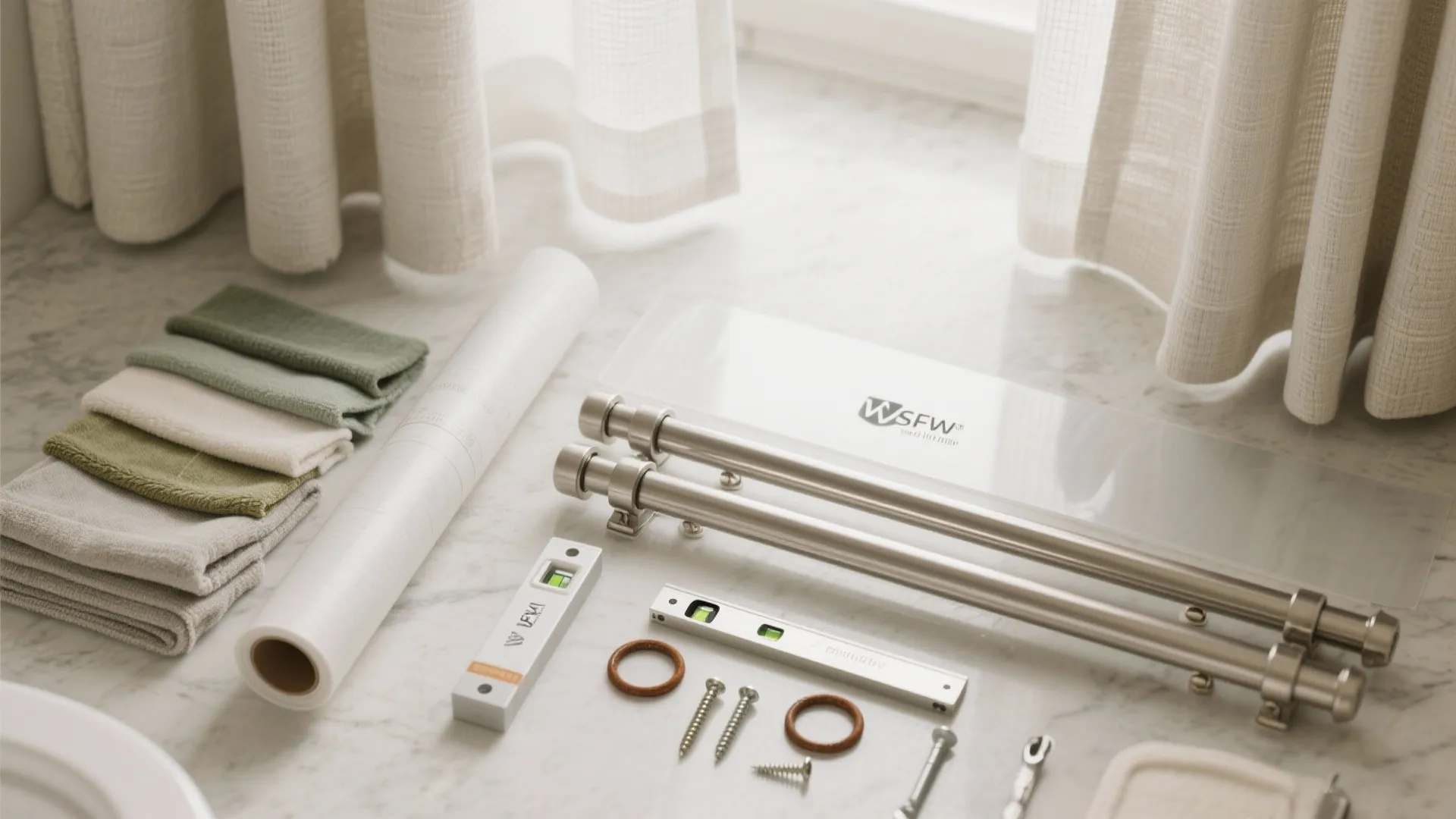 Top-down toolkit with washable fabric, PEVA liner, privacy film roll, tension rod, double rod, rust-proof rings, and microfiber cloth.