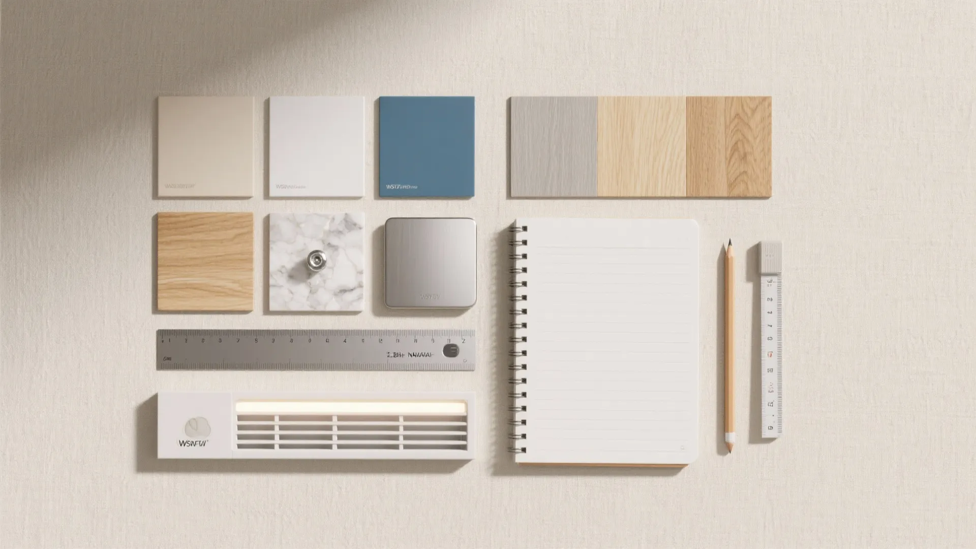 Flat lay of interior design material samples including wood marble tiles notebook pencil and metal ruler