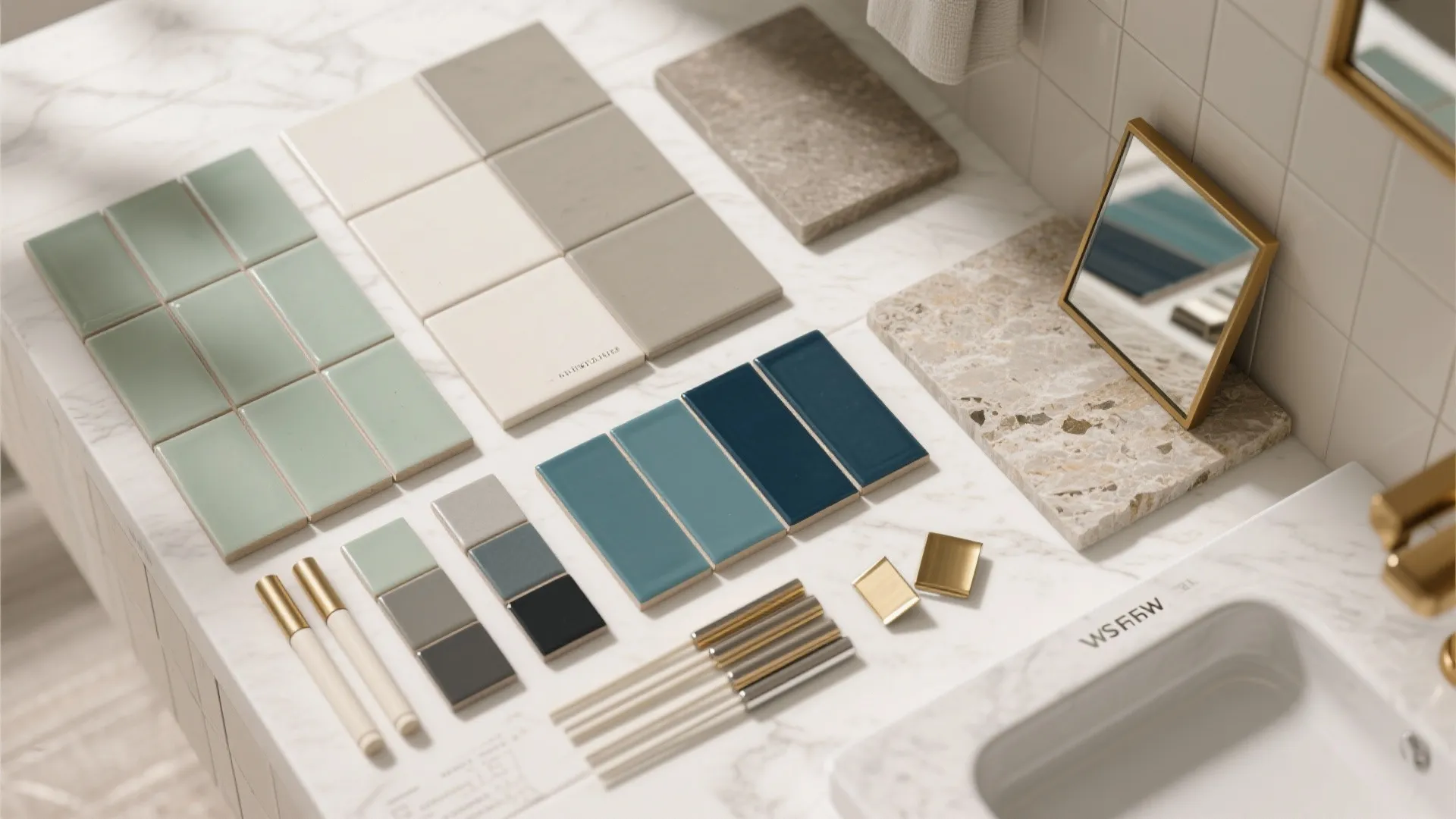 Interior design material samples with colorful tiles marble pieces and gold metal hardware on counter
