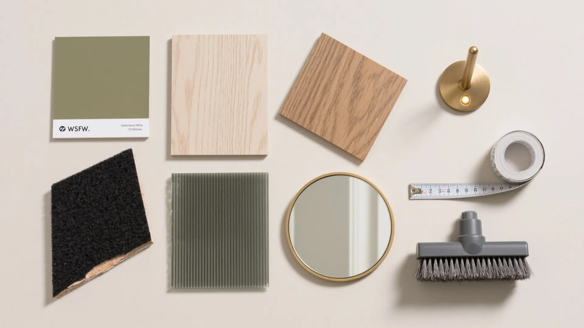 Collection of interior design materials with wood samples green paint swatch mirror and wall light