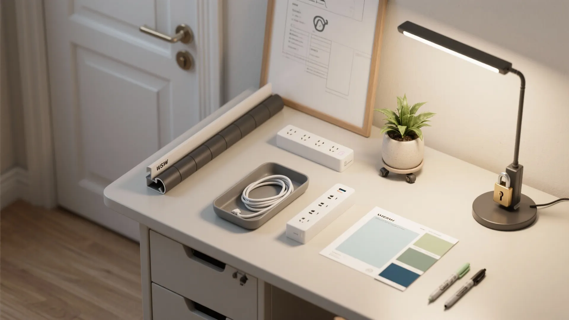 Desk with white power strips charging cables small green plant desk lamp and color swatches
