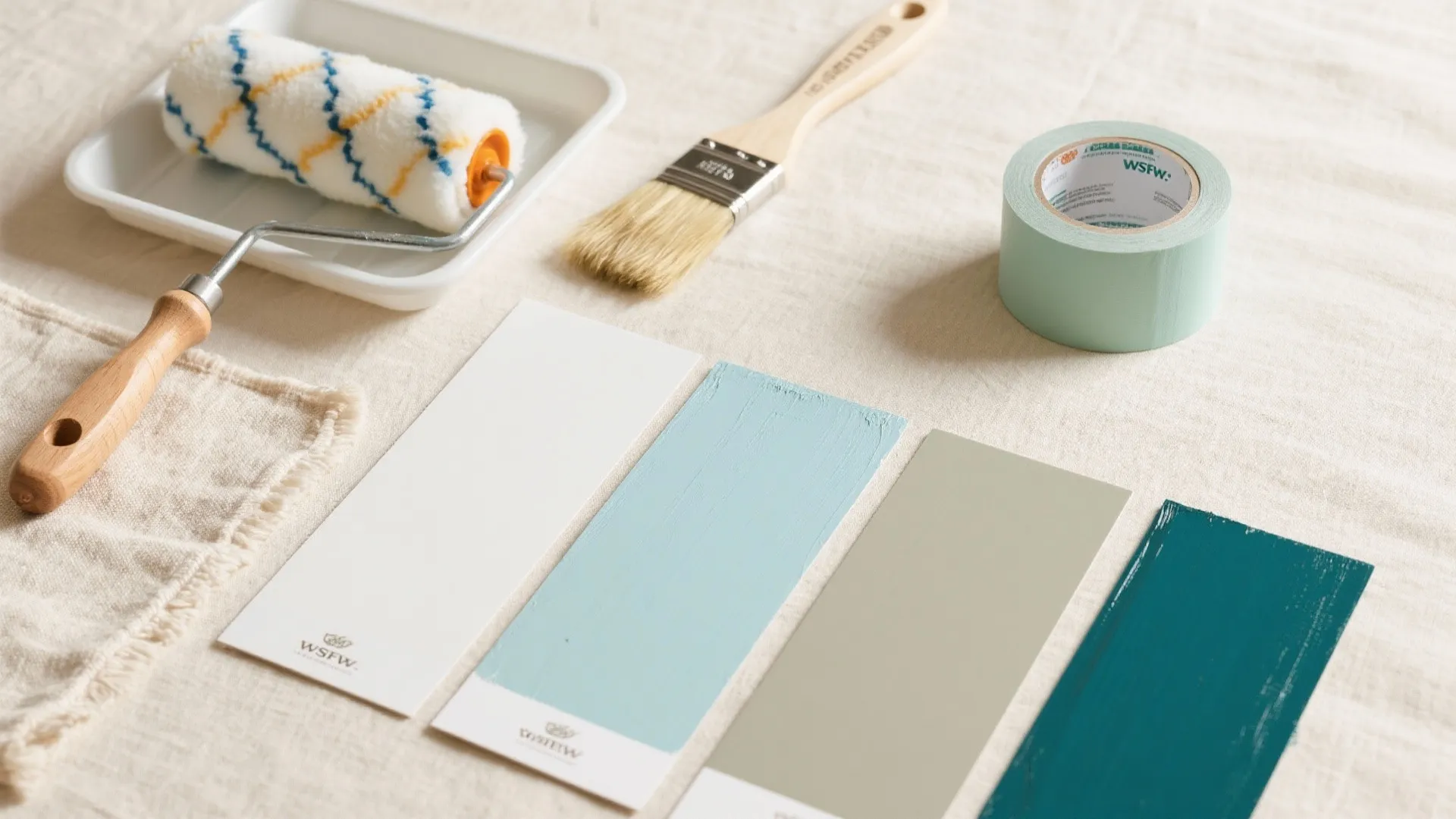 Paint roller in tray with brush tape and four color swatches on a beige cloth