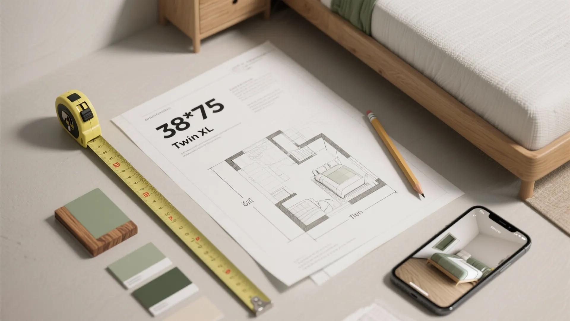 Top-down flatlay of mattress dimension chart, tape measure, sketch floor plan and smartphone with 3D mockup.