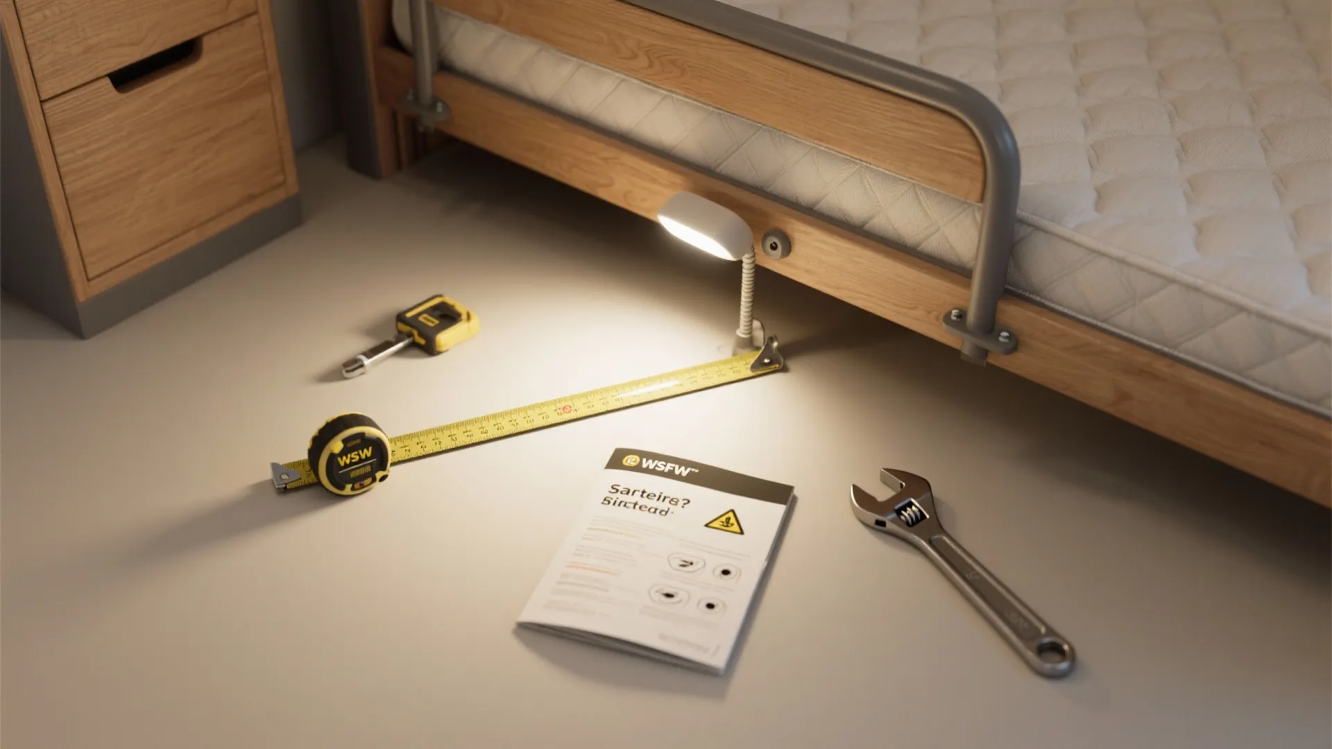 Measuring tape wrench and manual on floor near bed frame illuminated by small light fixture