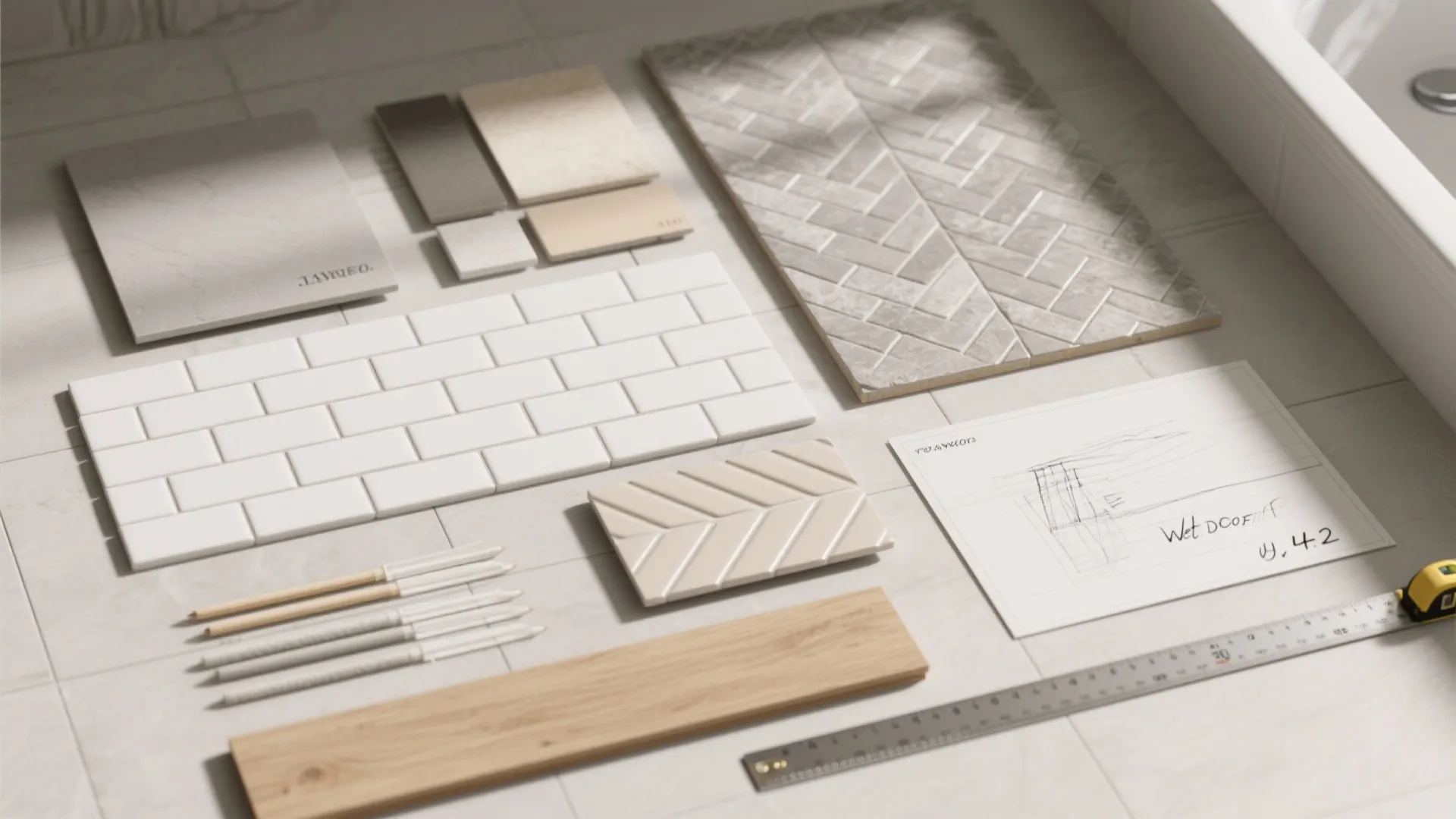 Interior design materials including various floor tiles wood samples pencils ruler and hand drawn sketch
