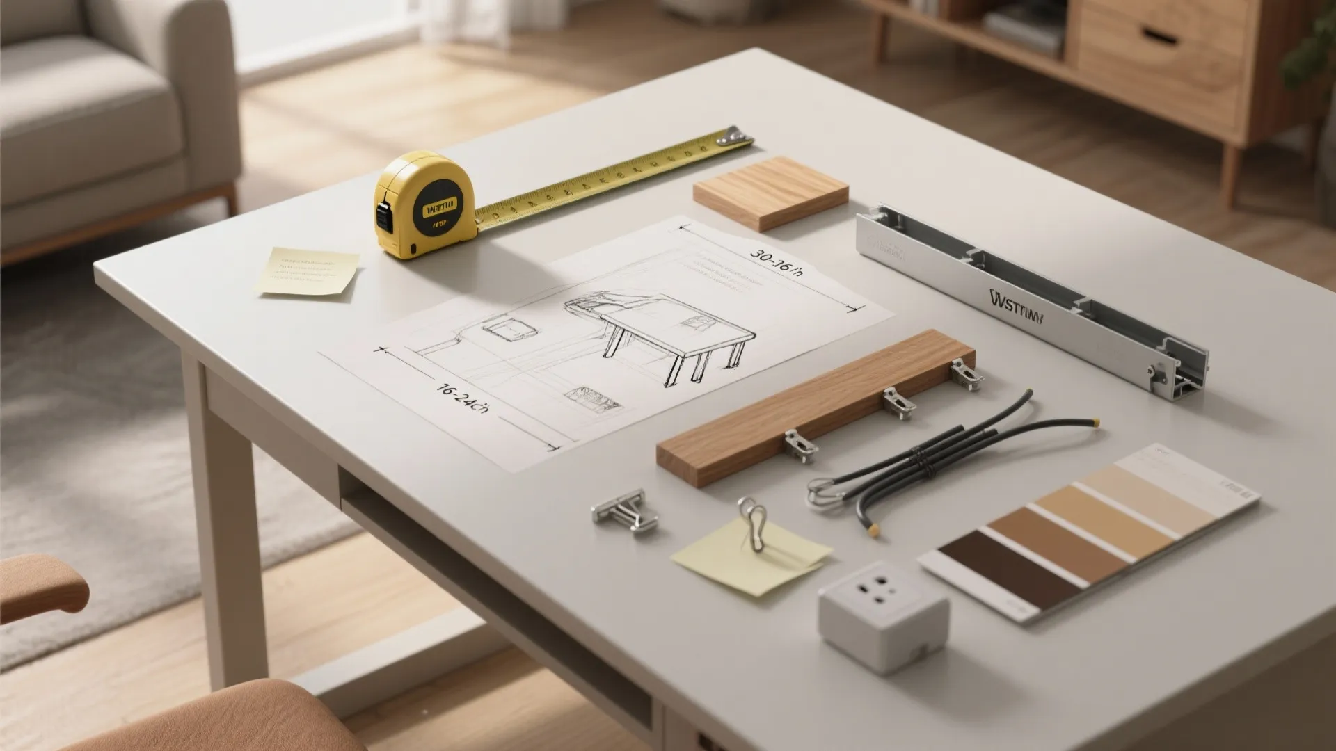 Table with interior design drawing yellow measuring tape wood samples color swatches and silver metal tool